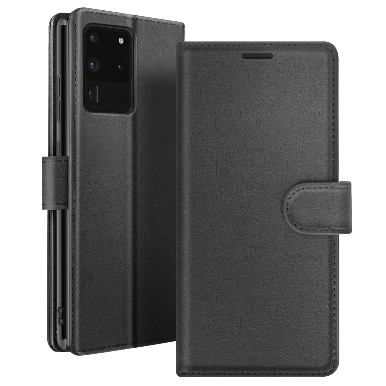 Étui de téléphone en cuir noir avec rabat et fermeture magnétique. L'étui est conçu pour un téléphone Samsung.