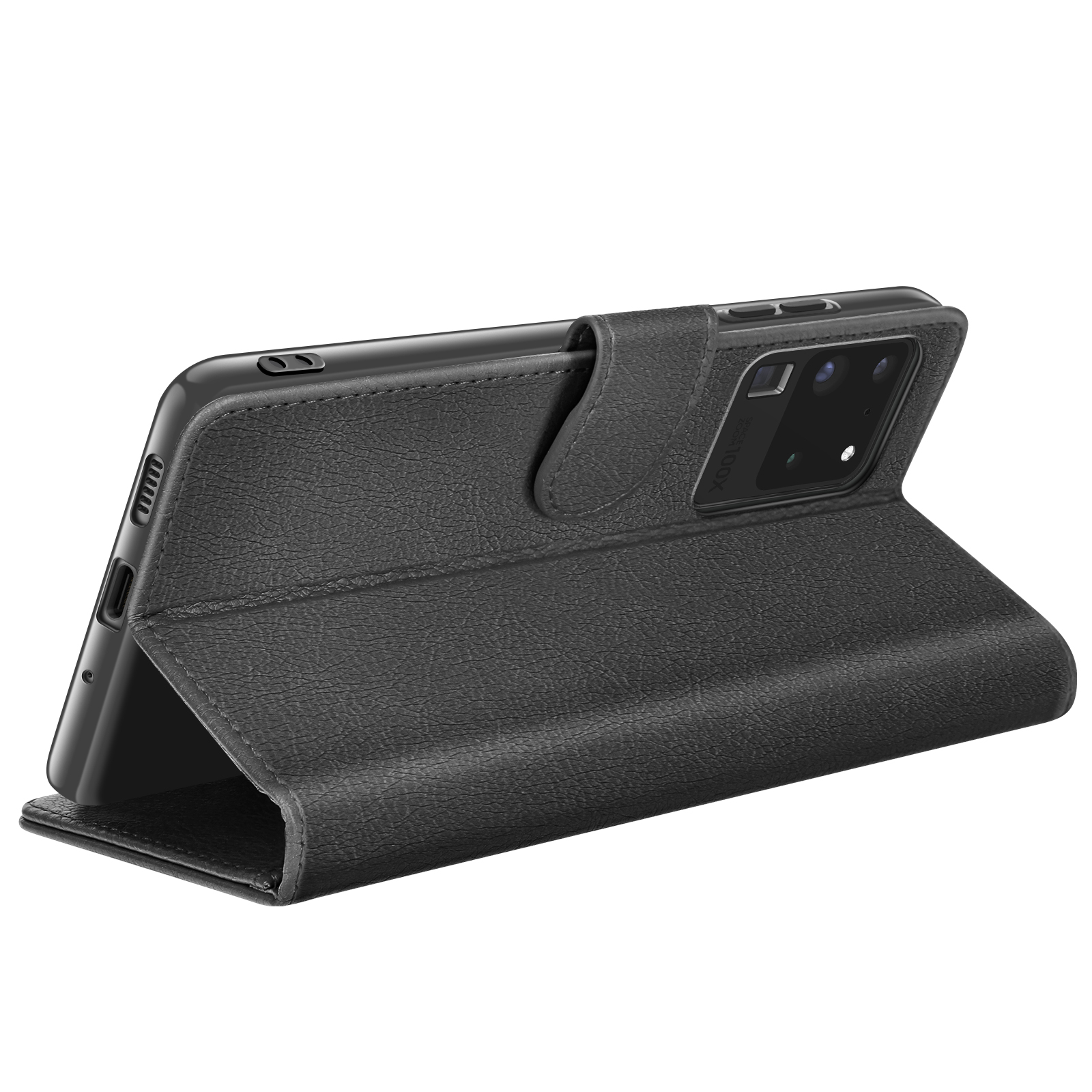Étui de téléphone noir, ouvert pour révéler un smartphone. L'étui est texturé. Le téléphone a plusieurs objectifs et boutons.