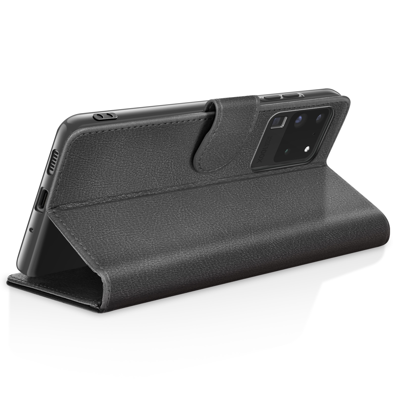 Un étui de téléphone noir, ouvert, montrant un téléphone. L'étui est en matériau texturé. Le téléphone est visible.