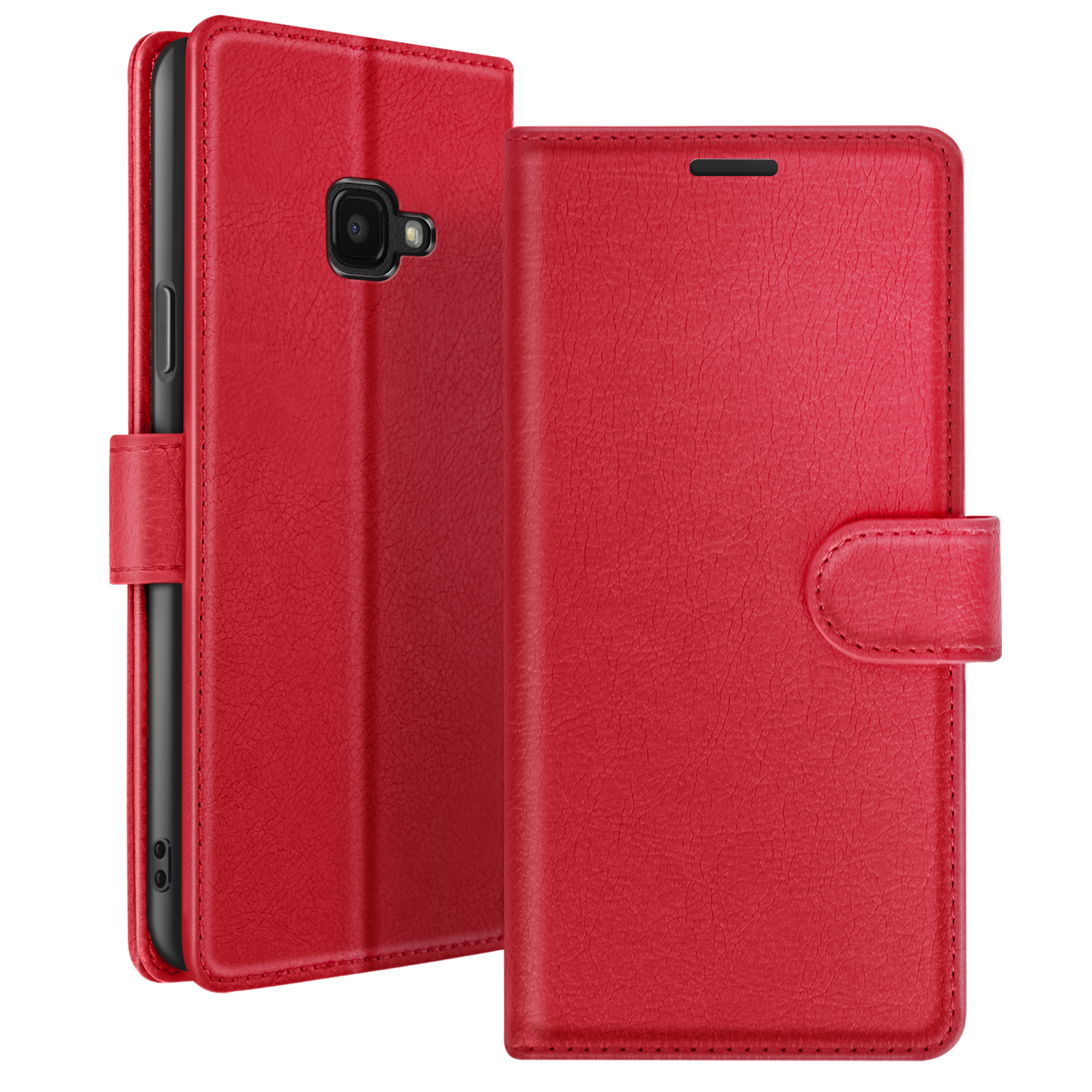 Étui de téléphone en cuir rouge avec rabat. Il a une découpe pour la caméra, une fermeture magnétique et un téléphone à l'intérieur.