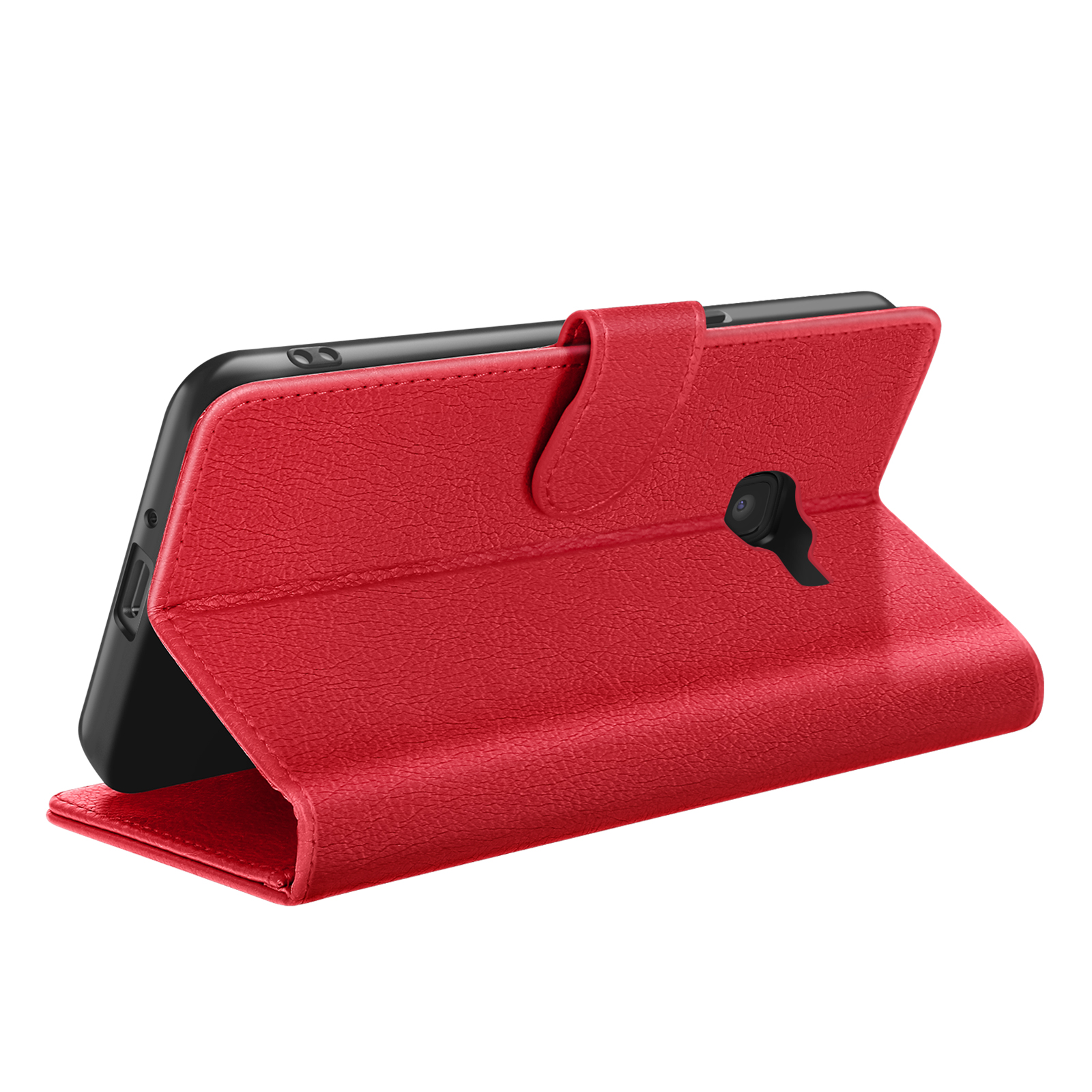 Un étui de téléphone rouge est ouvert, révélant un téléphone noir. L'étui a une surface texturée.