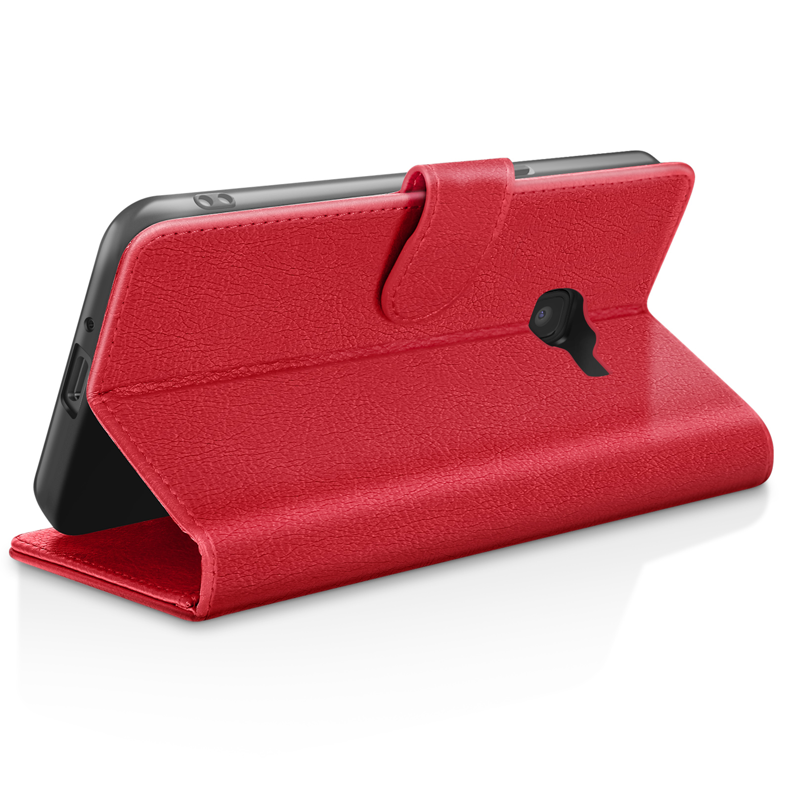 Un étui de téléphone en cuir rouge est ouvert, tenant un téléphone noir. L'étui a une surface texturée et une fermeture magnétique.