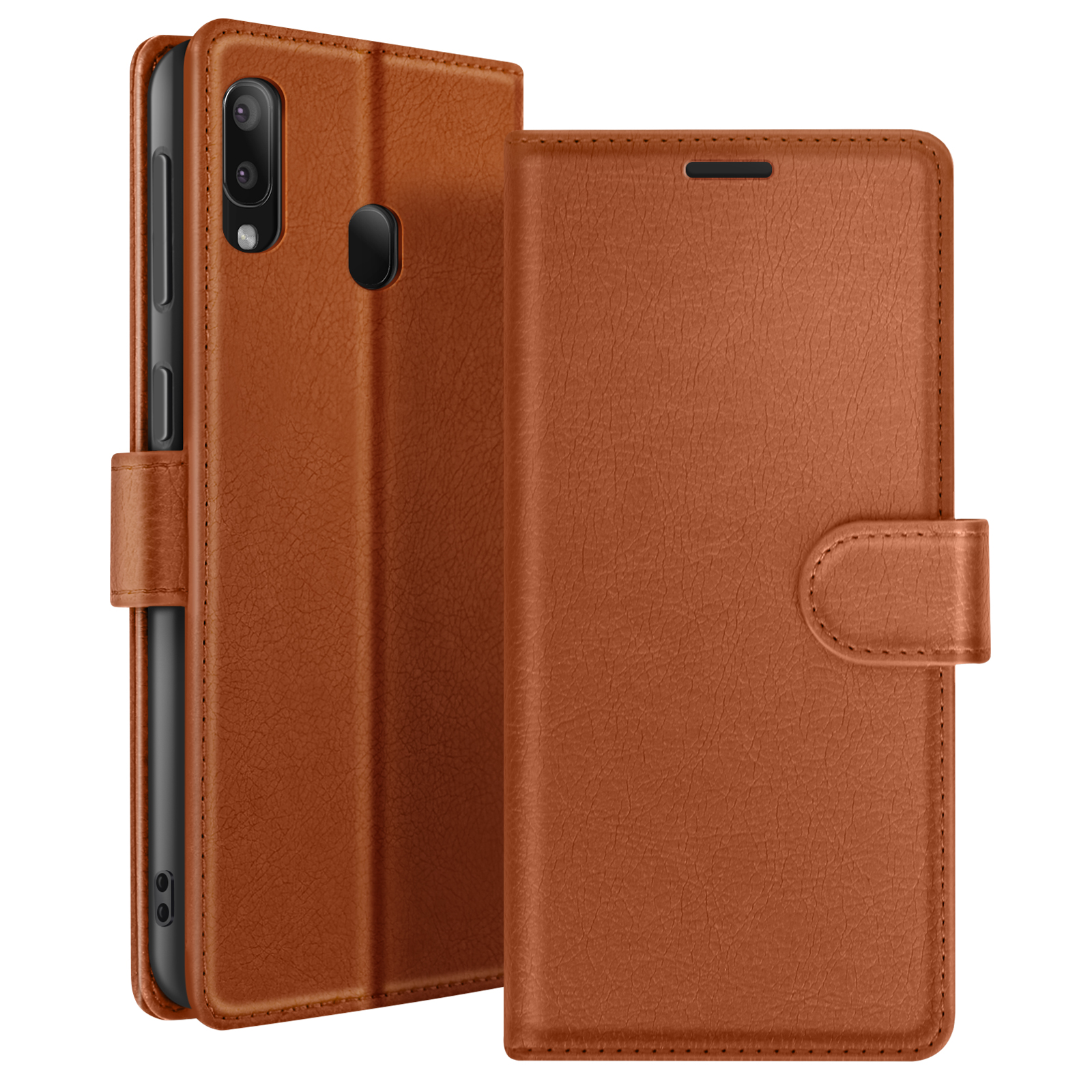 Een bruine leren telefoonhoes, open om de telefoon binnenin te laten zien. De hoes heeft een magnetische sluiting.