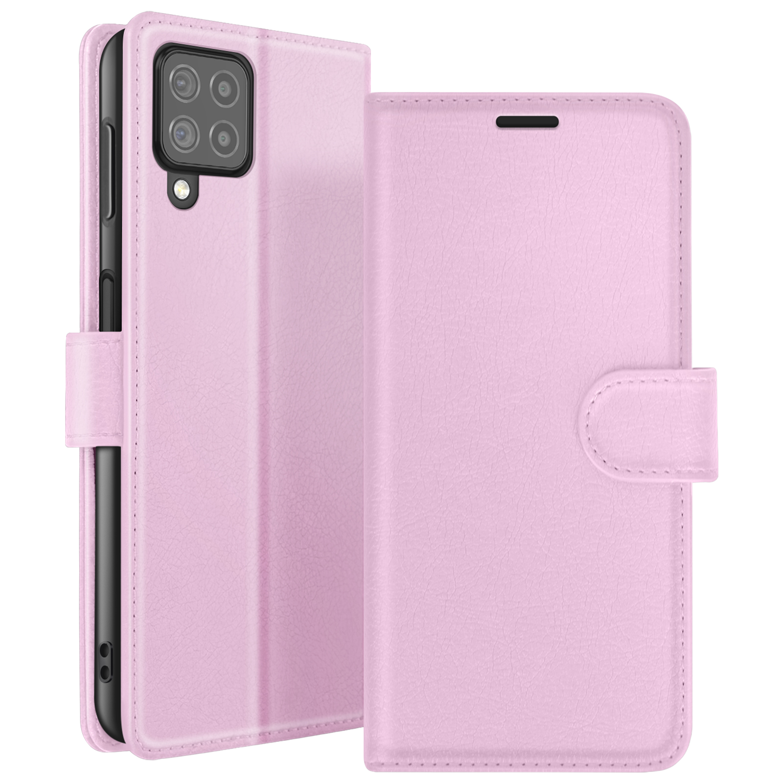 Een roze leren telefoonhoesje, open. De hoes heeft een magnetische sluiting en er zit een telefoon in.