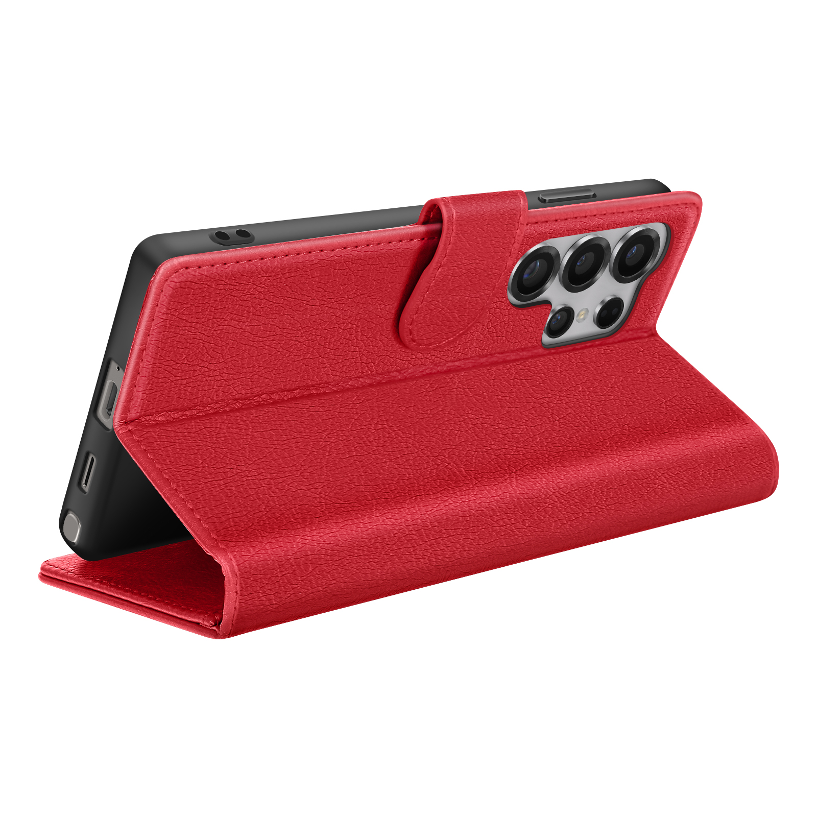 Rote Leder-Handyhülle mit Telefon darin. Die Hülle ist offen, das Telefon befindet sich auf der rechten Seite. Weißer Hintergrund.