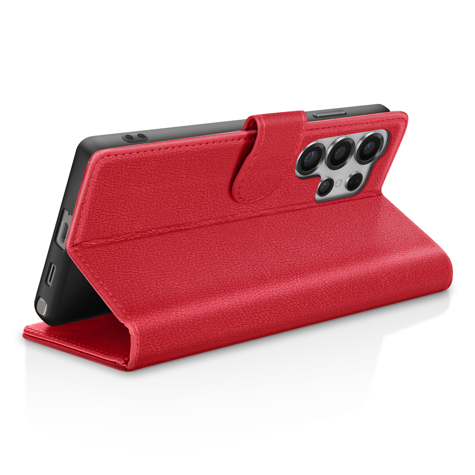 Eine rote Leder-Handyhülle ist geöffnet und zeigt ein schwarzes Telefon. Die Hülle hat eine Klappe.