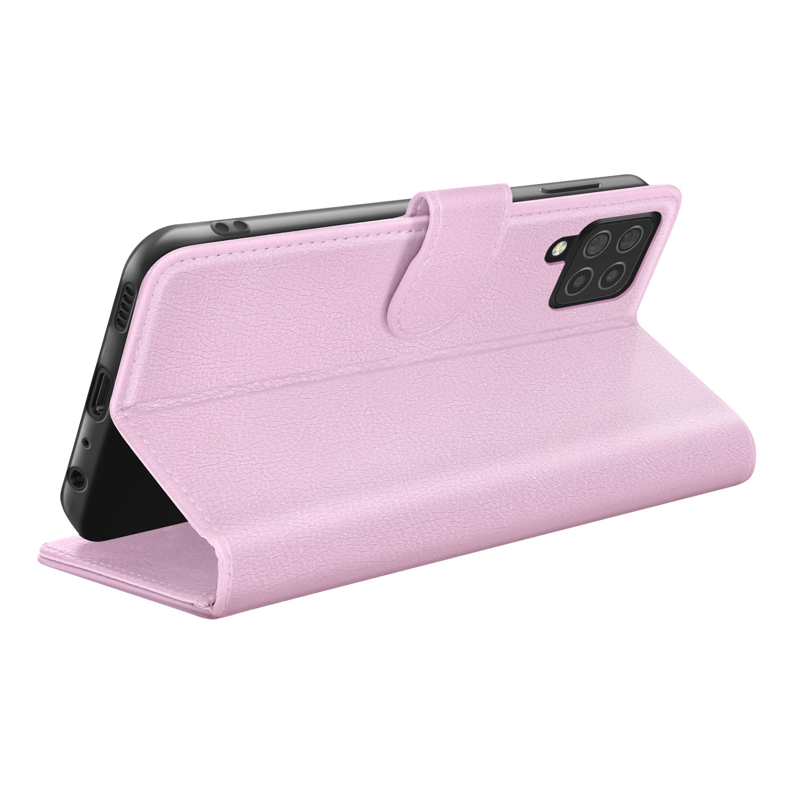 Een roze leren telefoonhoesje, open en staand. De telefoon is zwart. De hoes heeft een magnetische sluiting.