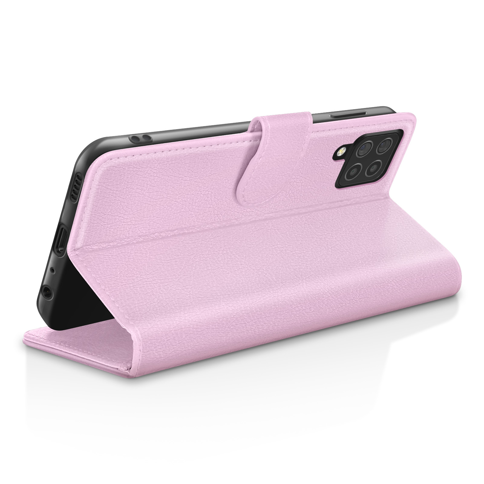 Een roze telefoonhoes is open. De telefoon is zwart, met een camera. De hoes heeft een textuur.