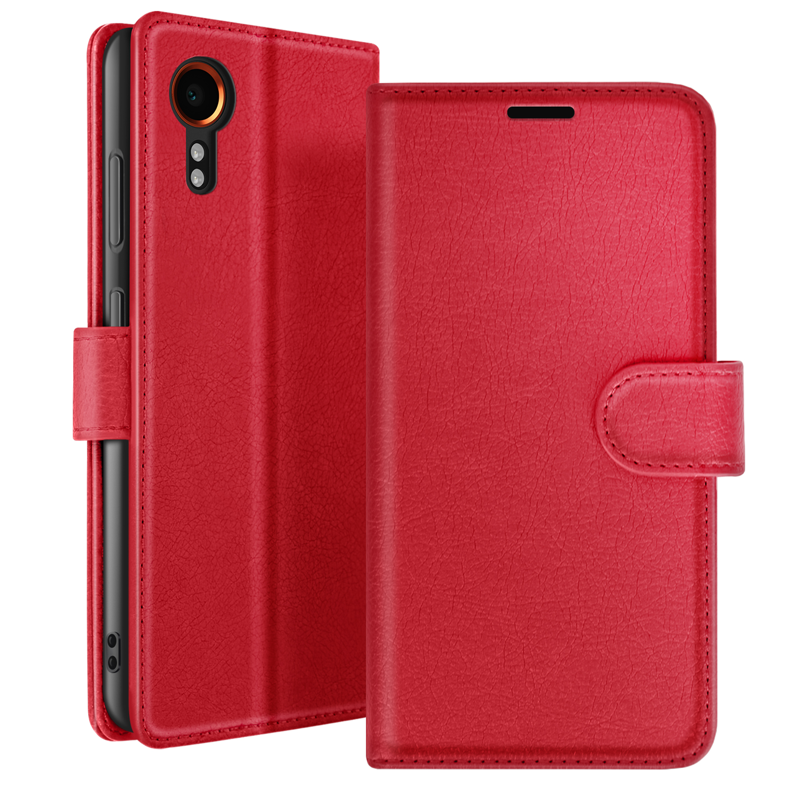 Étui de téléphone rouge, ouvert pour révéler un smartphone. L'étui a une finition texturée et une fermeture magnétique.