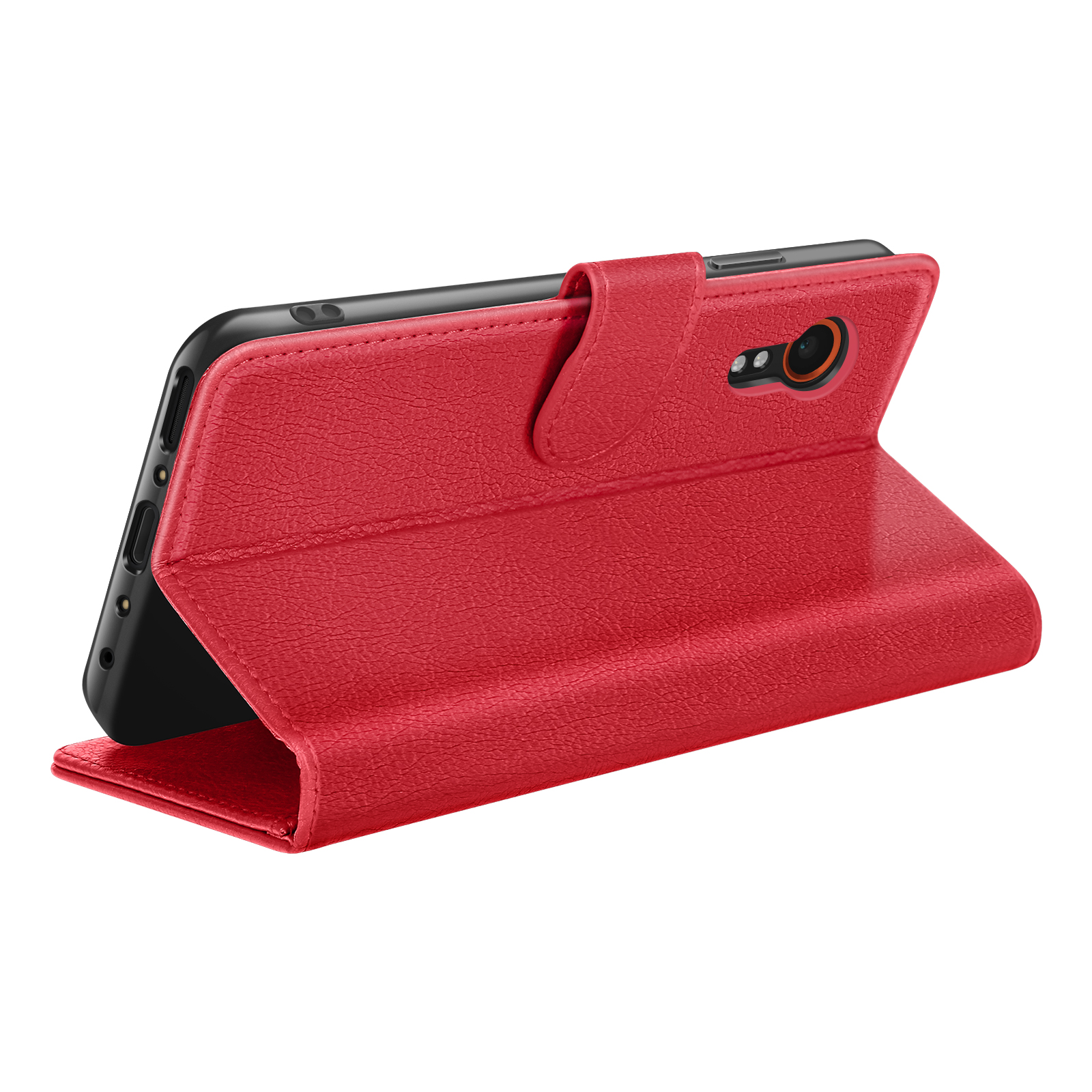Étui de téléphone rouge, ouvert, tenant un smartphone noir. L'étui a une surface texturée et une fermeture magnétique.