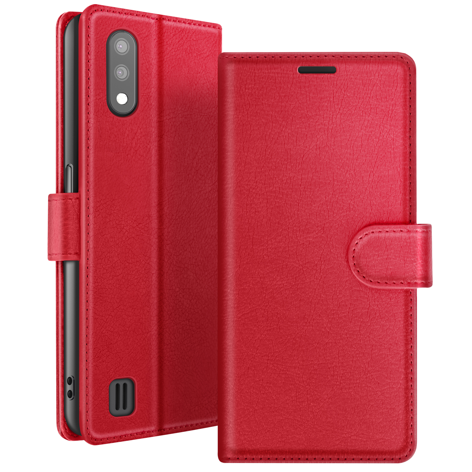 Un étui de téléphone rouge, ouvert pour afficher le téléphone. L'étui est fait de matériau texturé avec une fermeture magnétique.