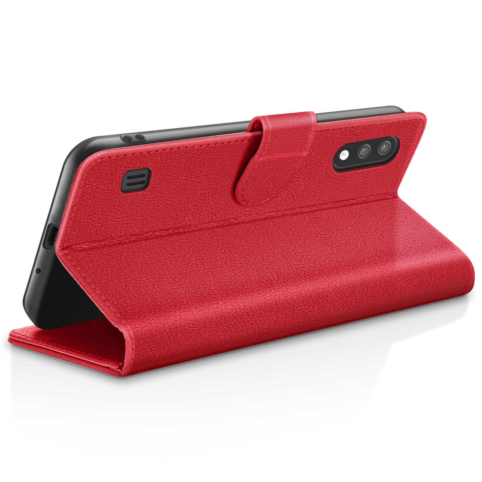 Un étui de téléphone rouge est ouvert, montrant un téléphone noir. L'étui est en simili cuir, avec une fermeture magnétique.