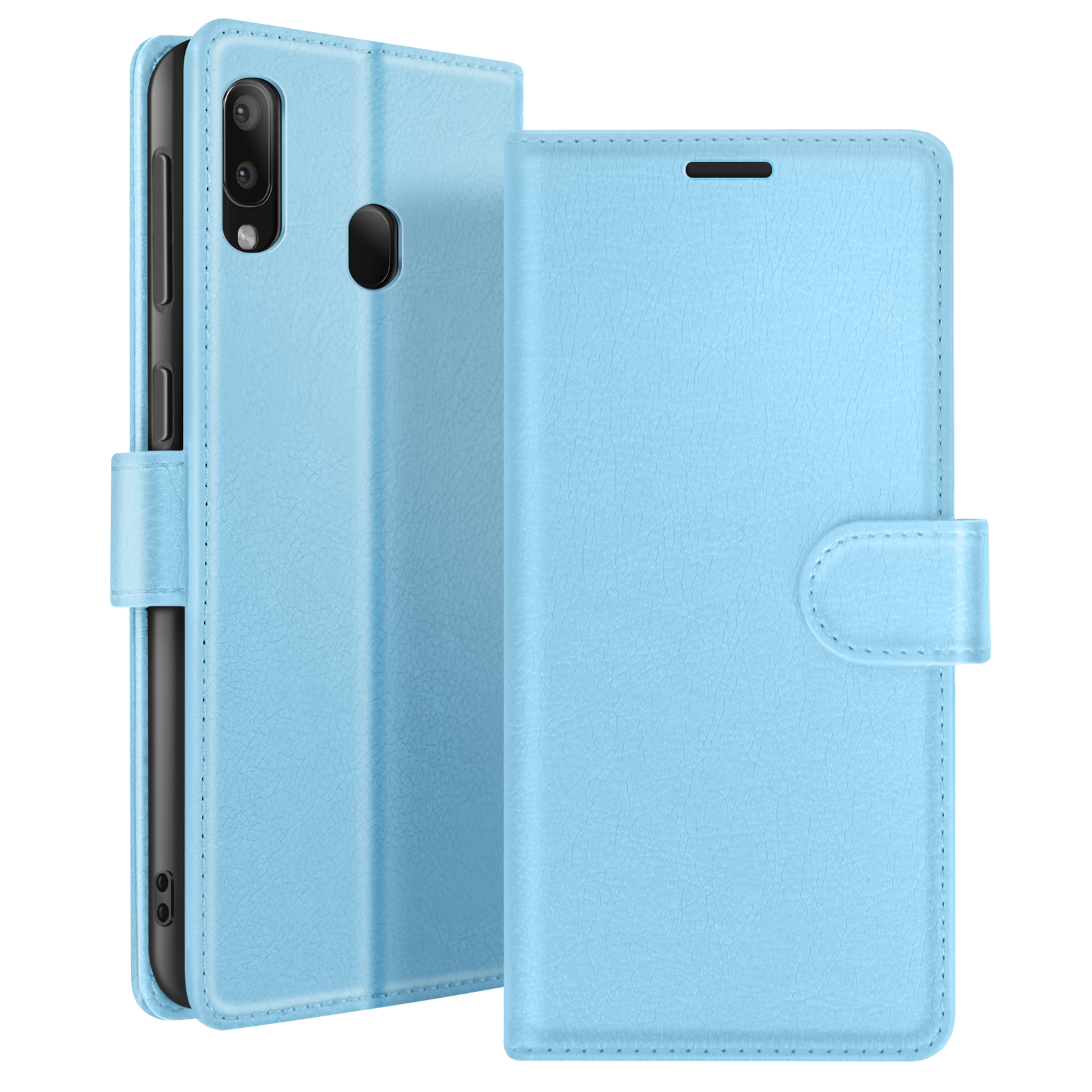 Een lichtblauwe telefoonhoes, open, met de telefoon erin. De hoes heeft een gestructureerd oppervlak en een magneetsluiting.