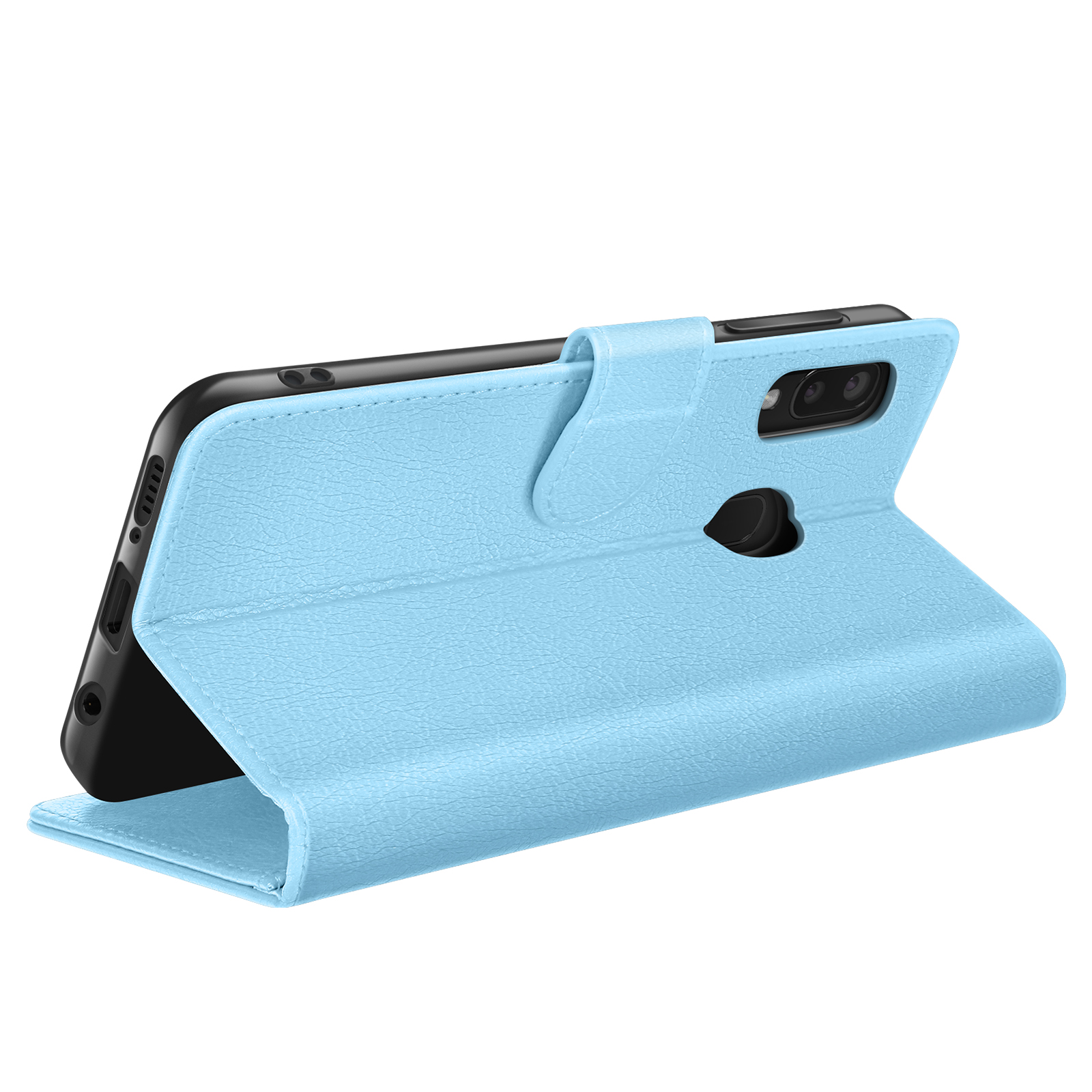 Een lichtblauwe telefoonhoes in de vorm van een boek, open om de telefoon te laten zien. De hoes staat op een witte achtergrond.
