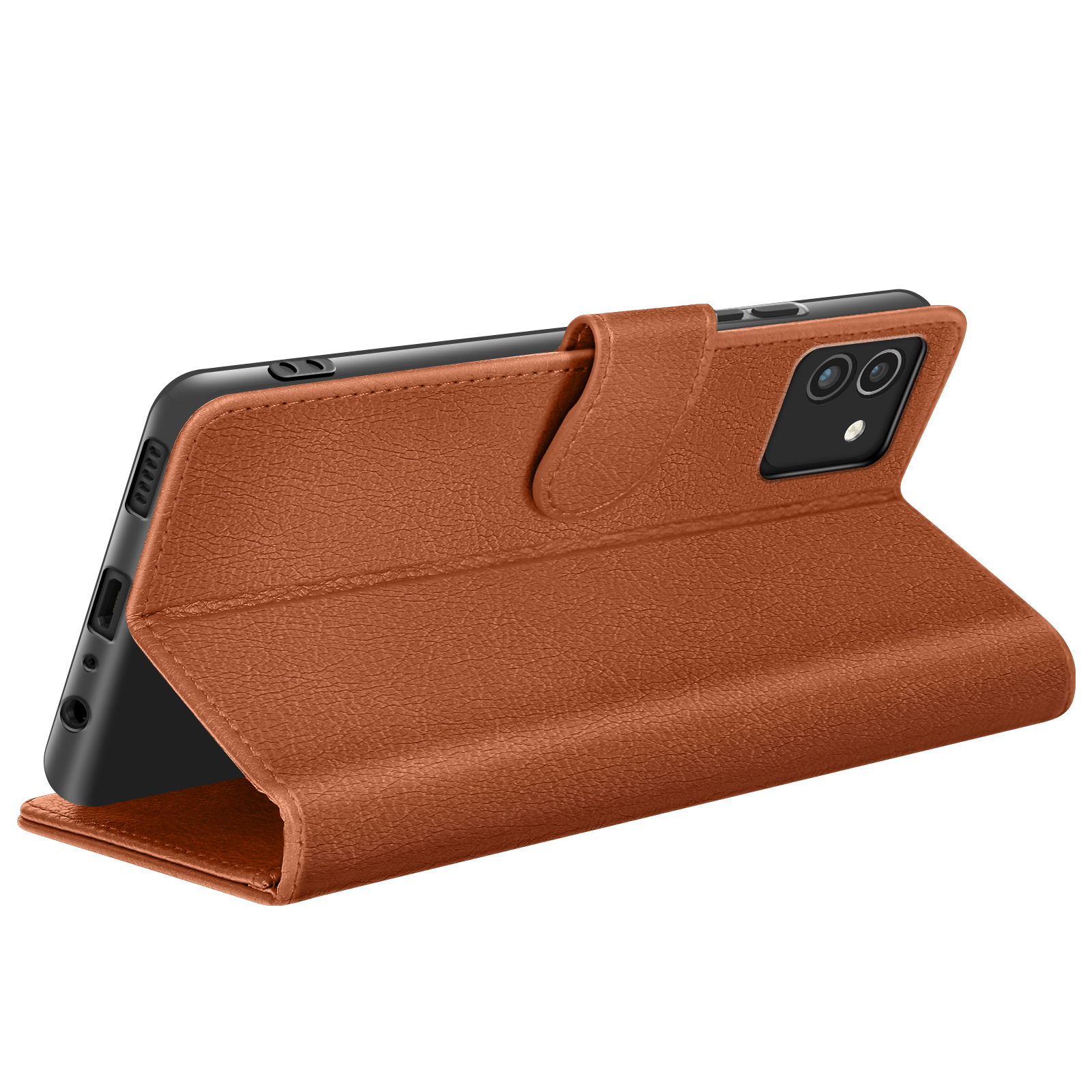 Un étui de téléphone en cuir marron, ouvert pour révéler un smartphone noir. C'est sur fond blanc.