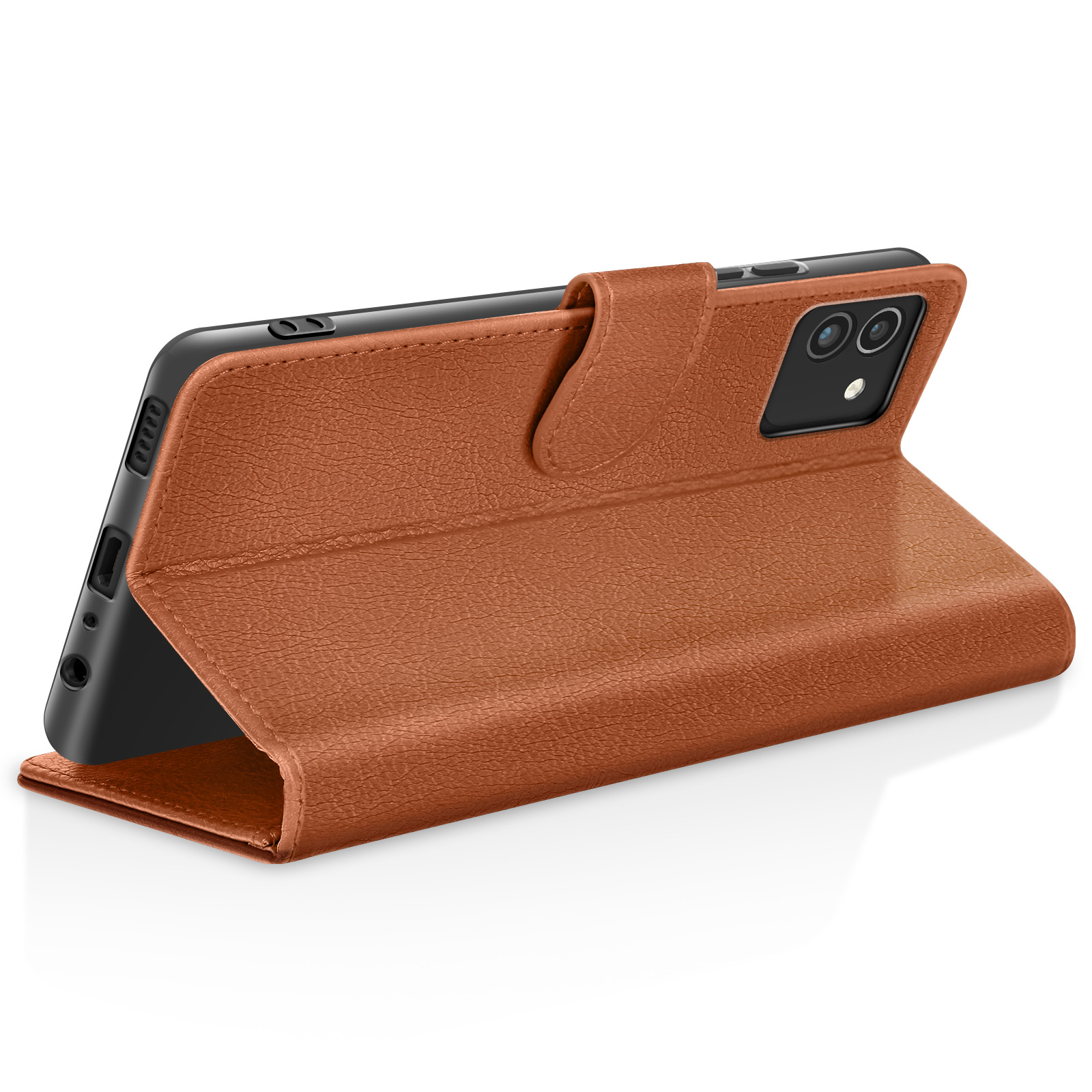 Étui de téléphone en cuir marron ouvert, affichant un téléphone noir. L'étui est sur une surface blanche. Le téléphone a des caméras.