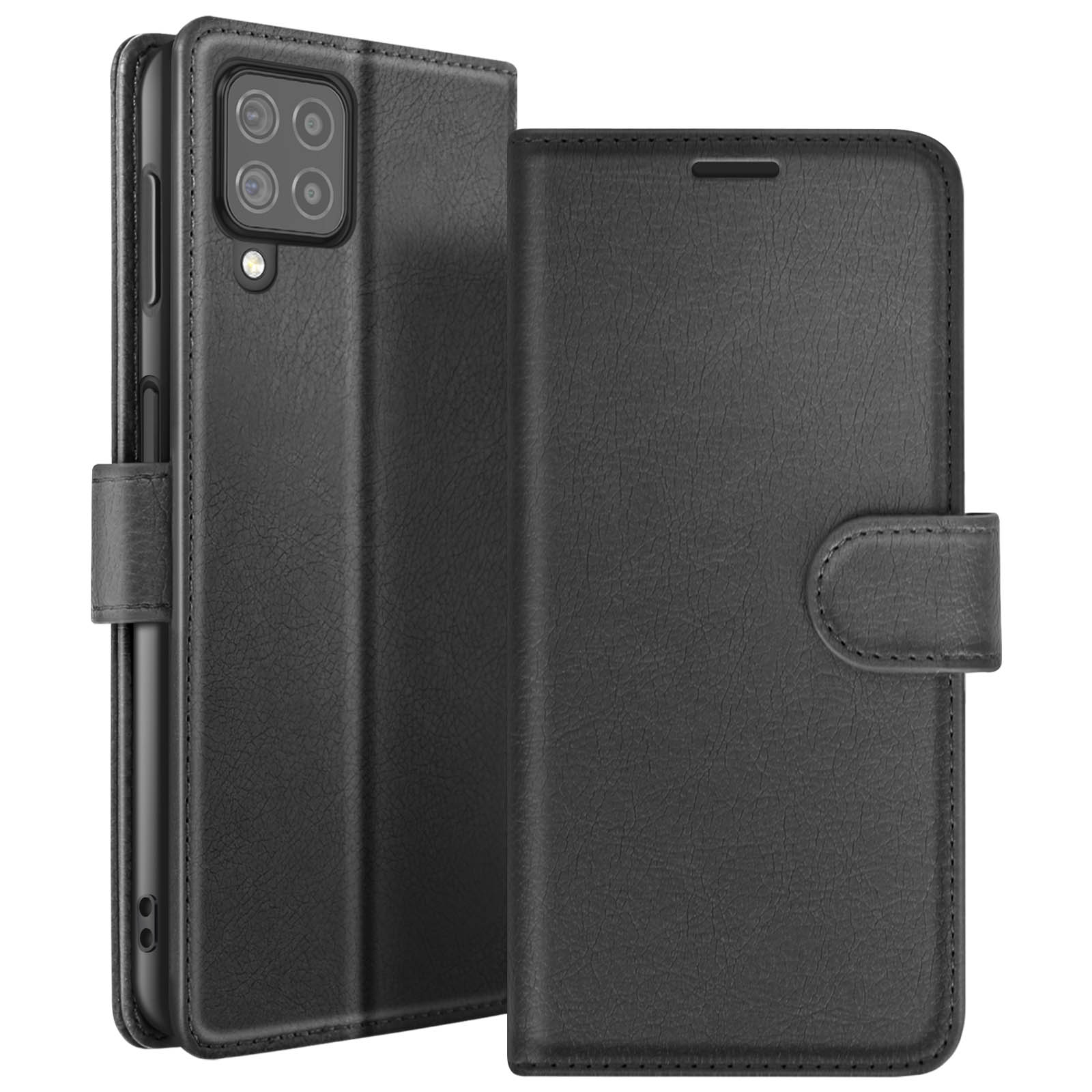 Étui de téléphone en cuir noir ouvert, révélant la caméra du téléphone et un design portefeuille.