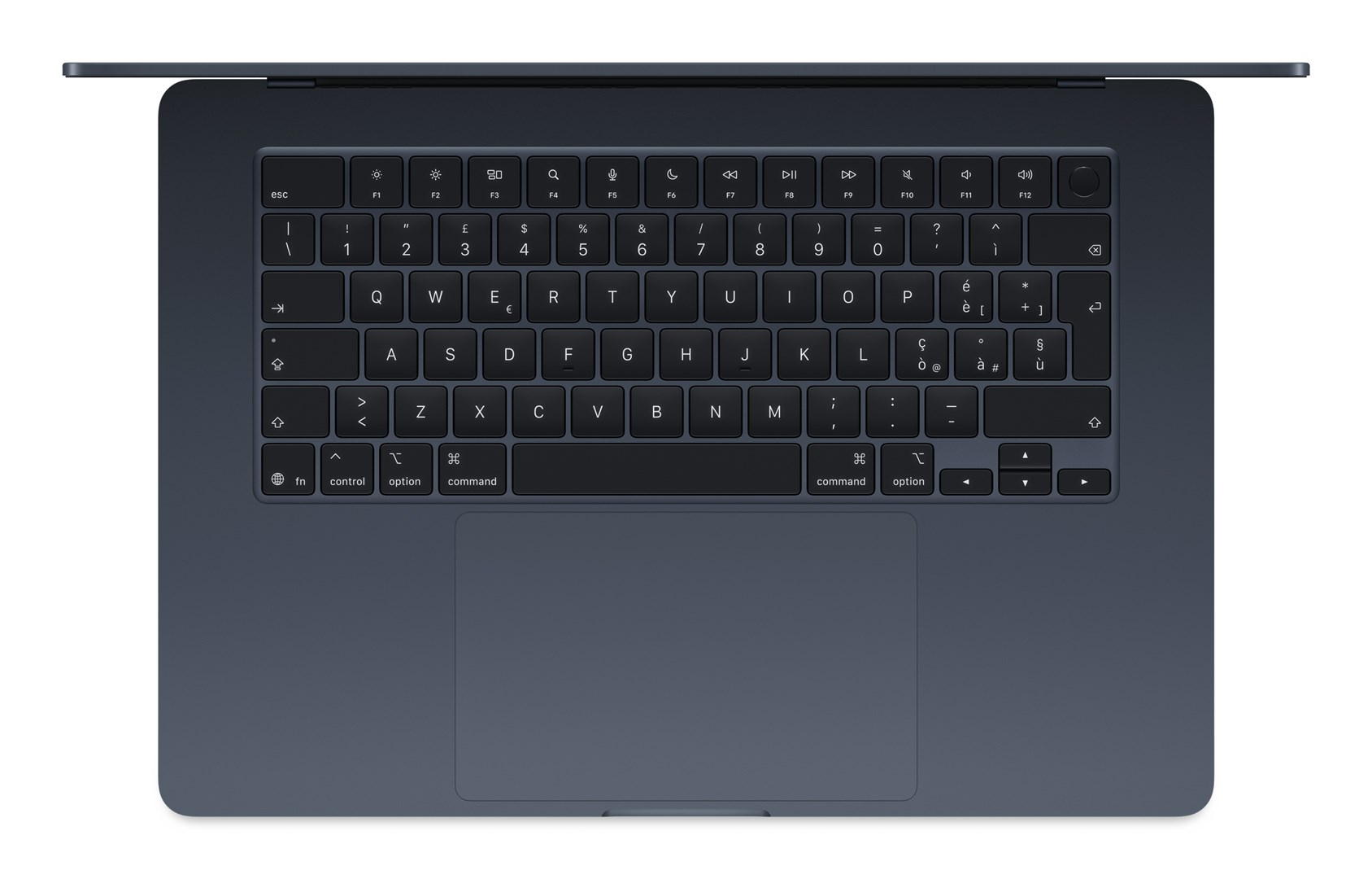 Draufsicht auf eine dunkelblaue Laptop-Tastatur. Tasten mit Buchstaben, Zahlen und Symbolen beschriftet. Touchpad unten.