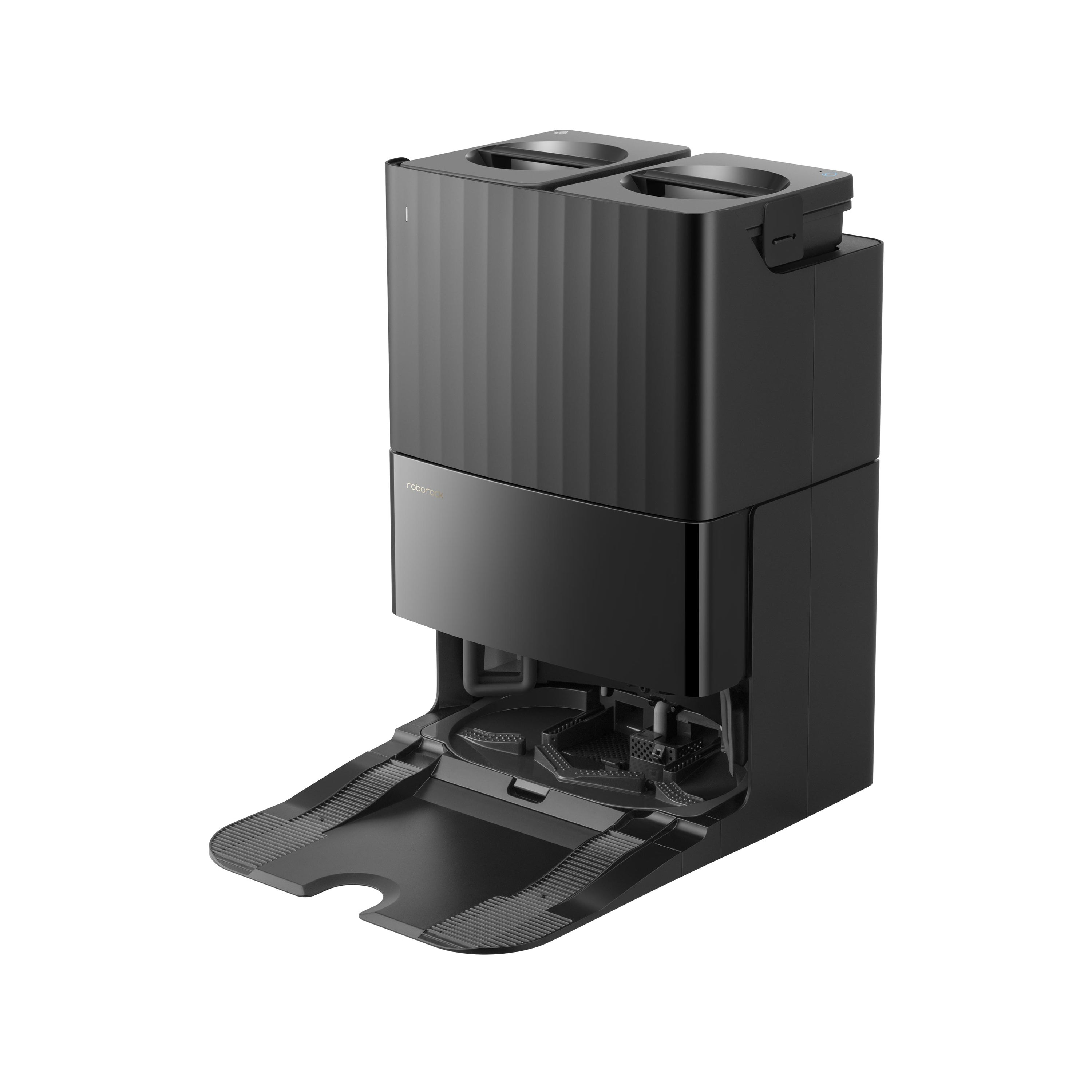 Une station de base noire pour aspirateur Roborock. Elle est rectangulaire avec une tête de nettoyage en bas.