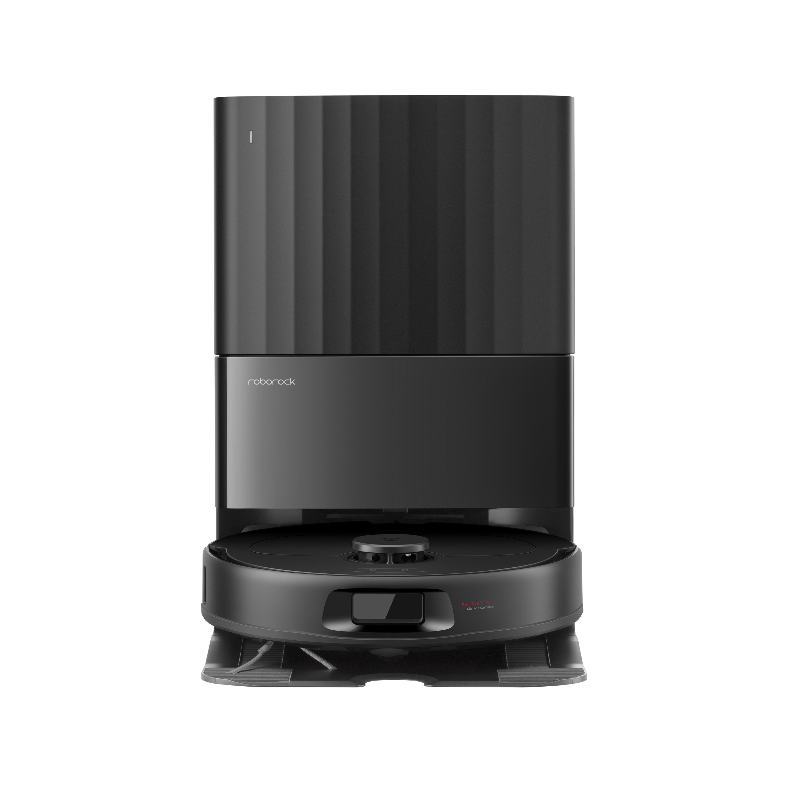 Aspirateur robot Roborock noir. Il a une section supérieure avec des lignes verticales et une base circulaire pour le nettoyage.