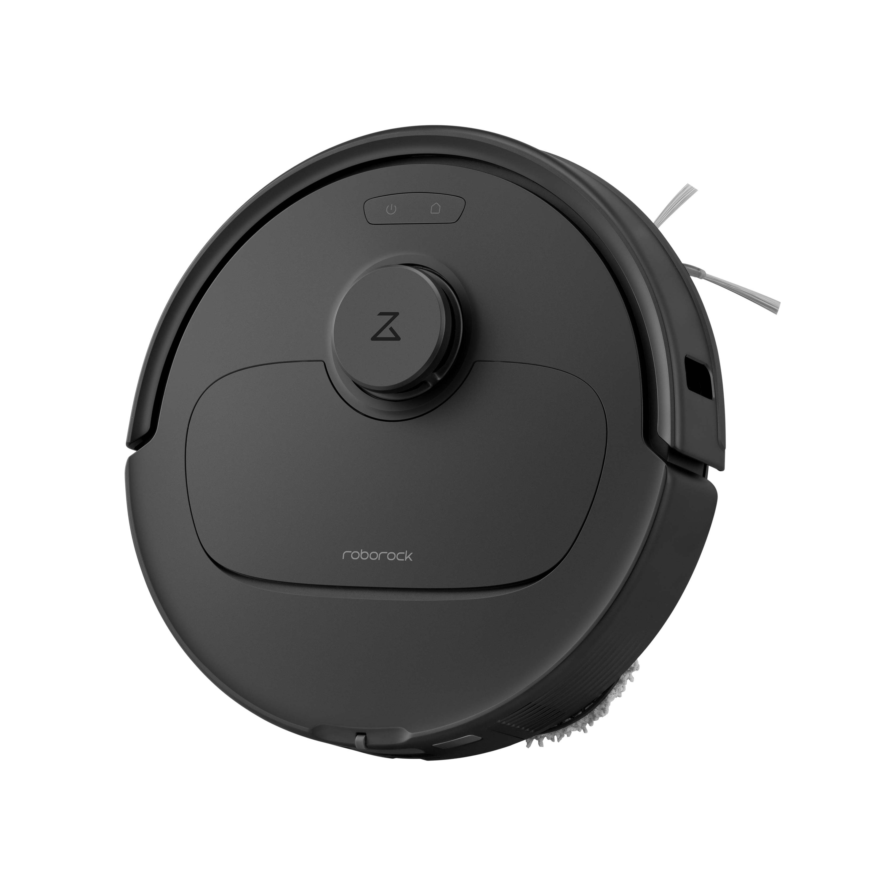 Un aspirateur robot noir et circulaire sur fond blanc. Il possède un cadran central et une brosse latérale.