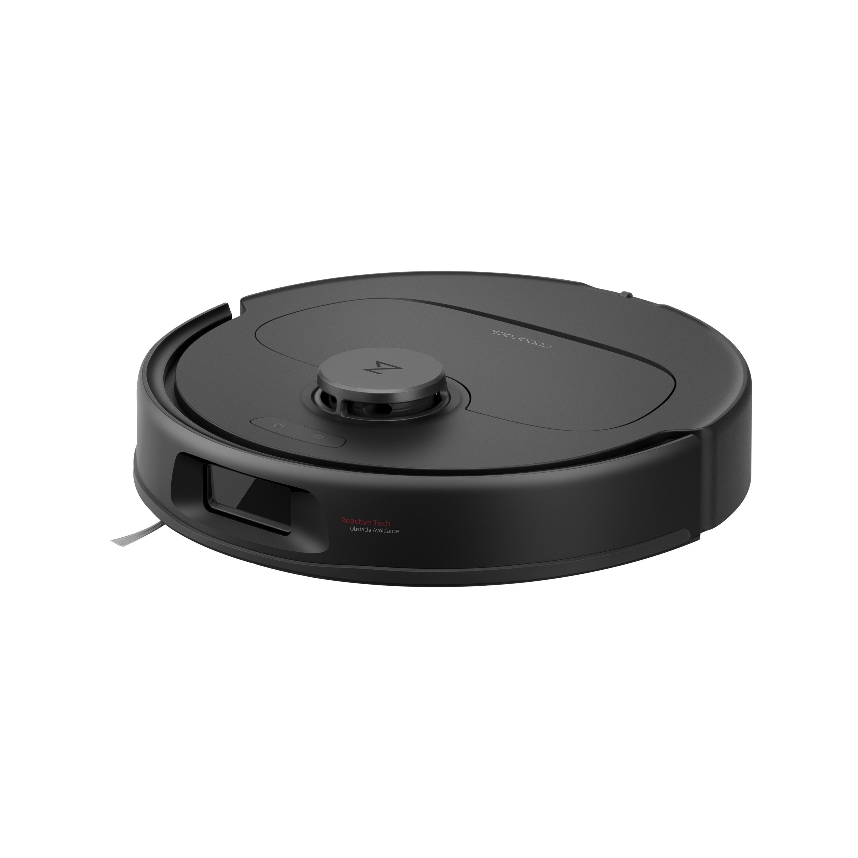 Un aspirateur robot noir sur fond blanc. Il est de forme ronde avec un dessus gris et le logo Roborock.