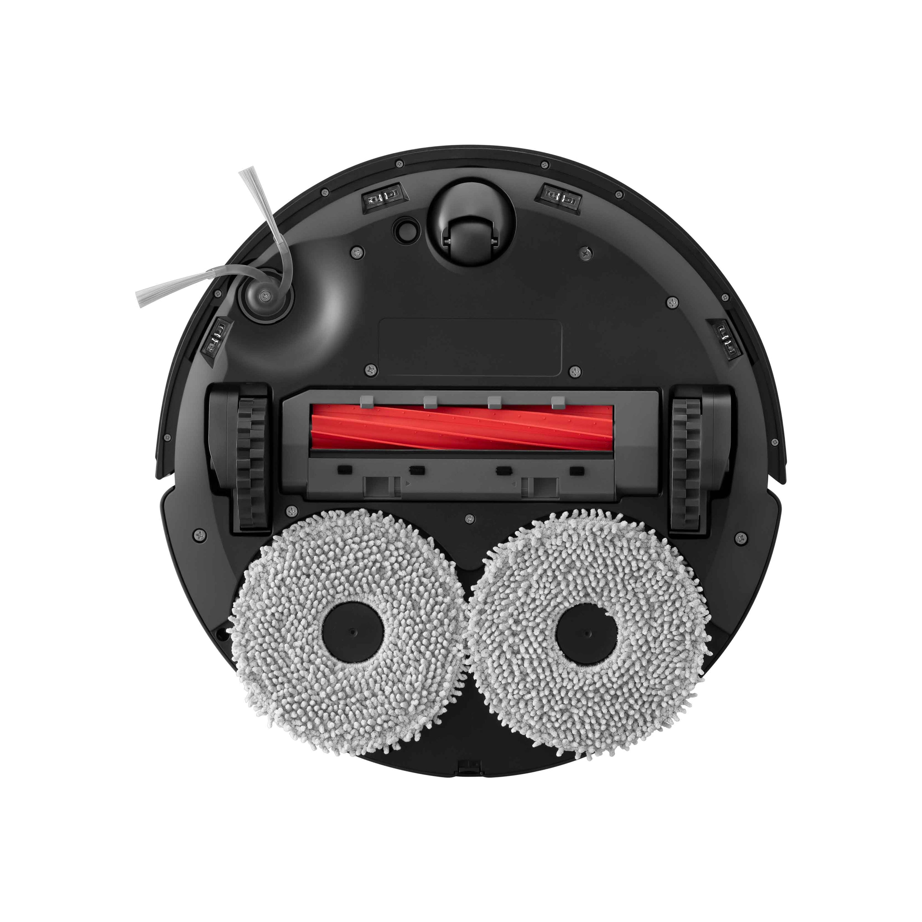 Un aspirateur robot noir avec une brosse rouge et deux tampons de nettoyage gris, vue de dessus sur fond blanc.
