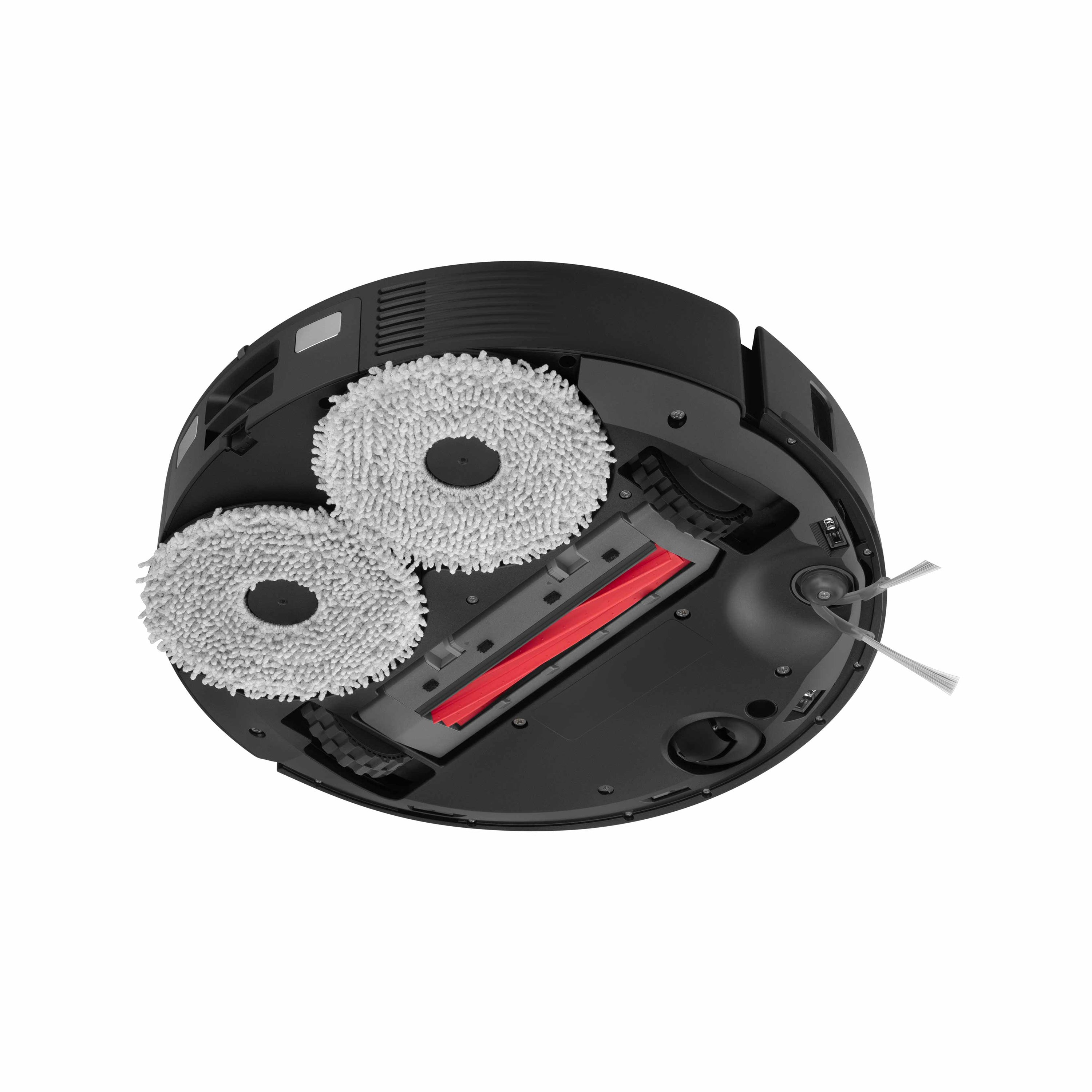 Un aspirateur robot noir avec deux tampons circulaires, une brosse rouge et deux brosses latérales, sur fond blanc.