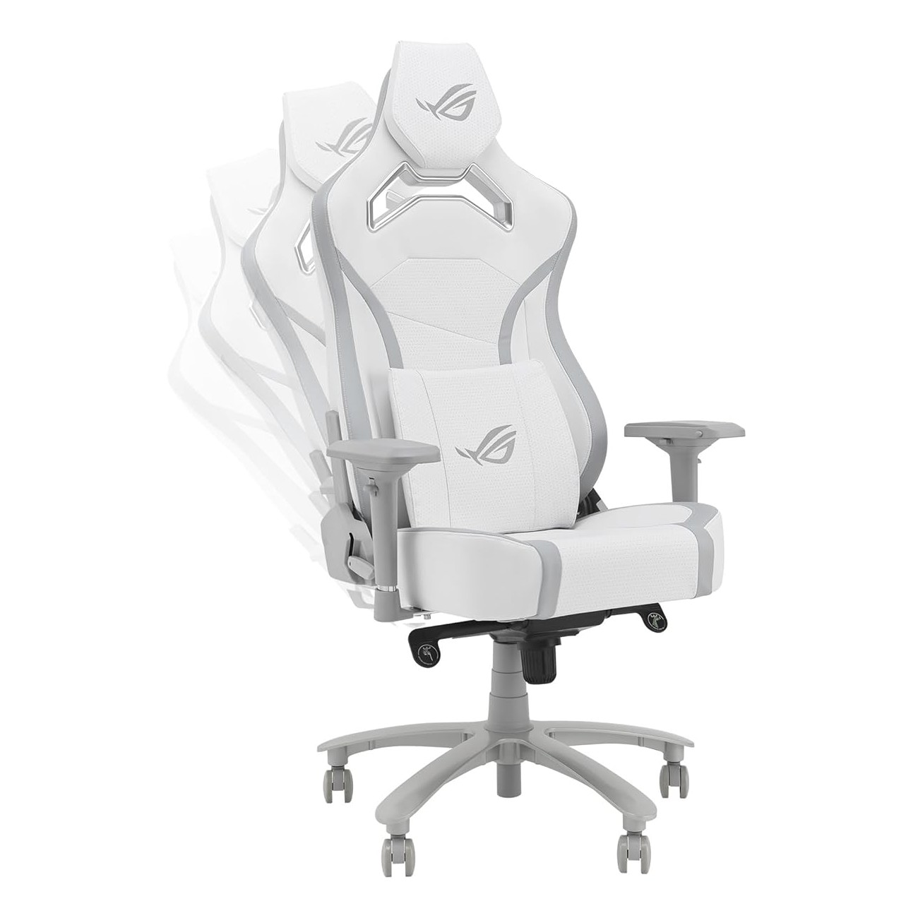 Ein weiß-grauer Gaming-Stuhl mit ROG-Logo. Er hat eine Kopfstütze, Lendenwirbelstütze, Armlehnen und ein Fünf-Rad-Gestell.