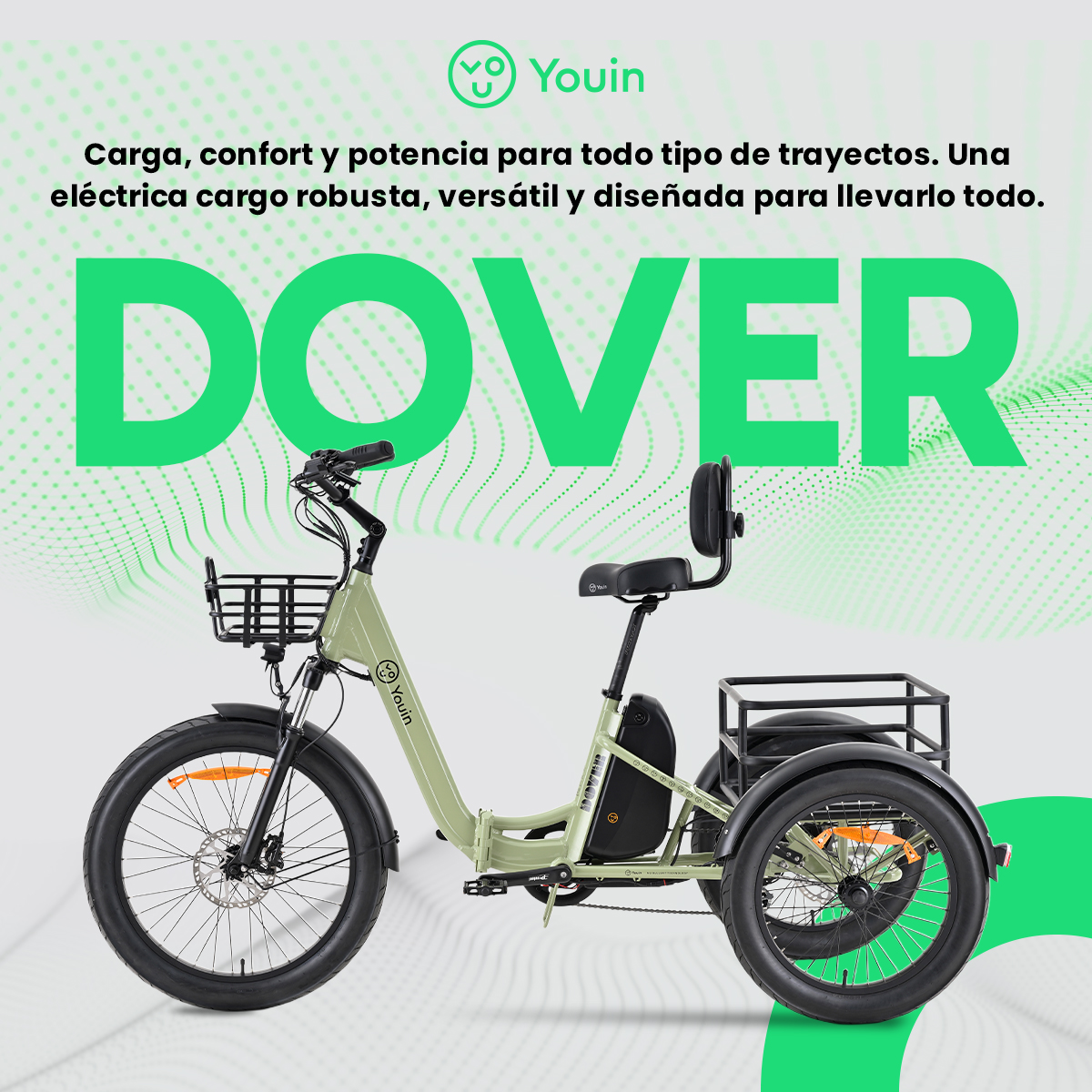 Triciclo de carga eléctrico, marco verde, neumáticos y cesta negros. 'DOVER' en letras verdes grandes. Logotipo de Youin en la parte superior.