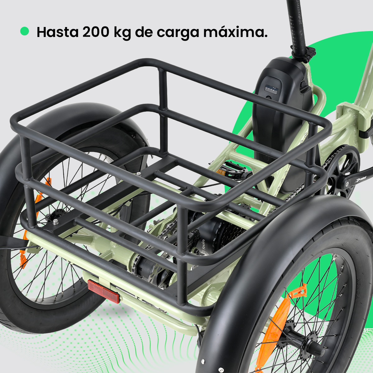 Un triciclo de carga con una cesta de metal negro. Los neumáticos son negros y el marco verde claro. Texto: Hasta 200 kg de carga máxima.