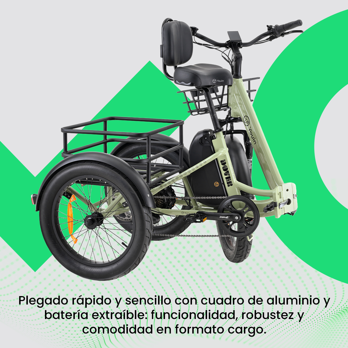 Una bicicleta eléctrica de tres ruedas con una cesta de carga. Es de color verde oliva con neumáticos negros y un asiento negro. La marca es Youin.