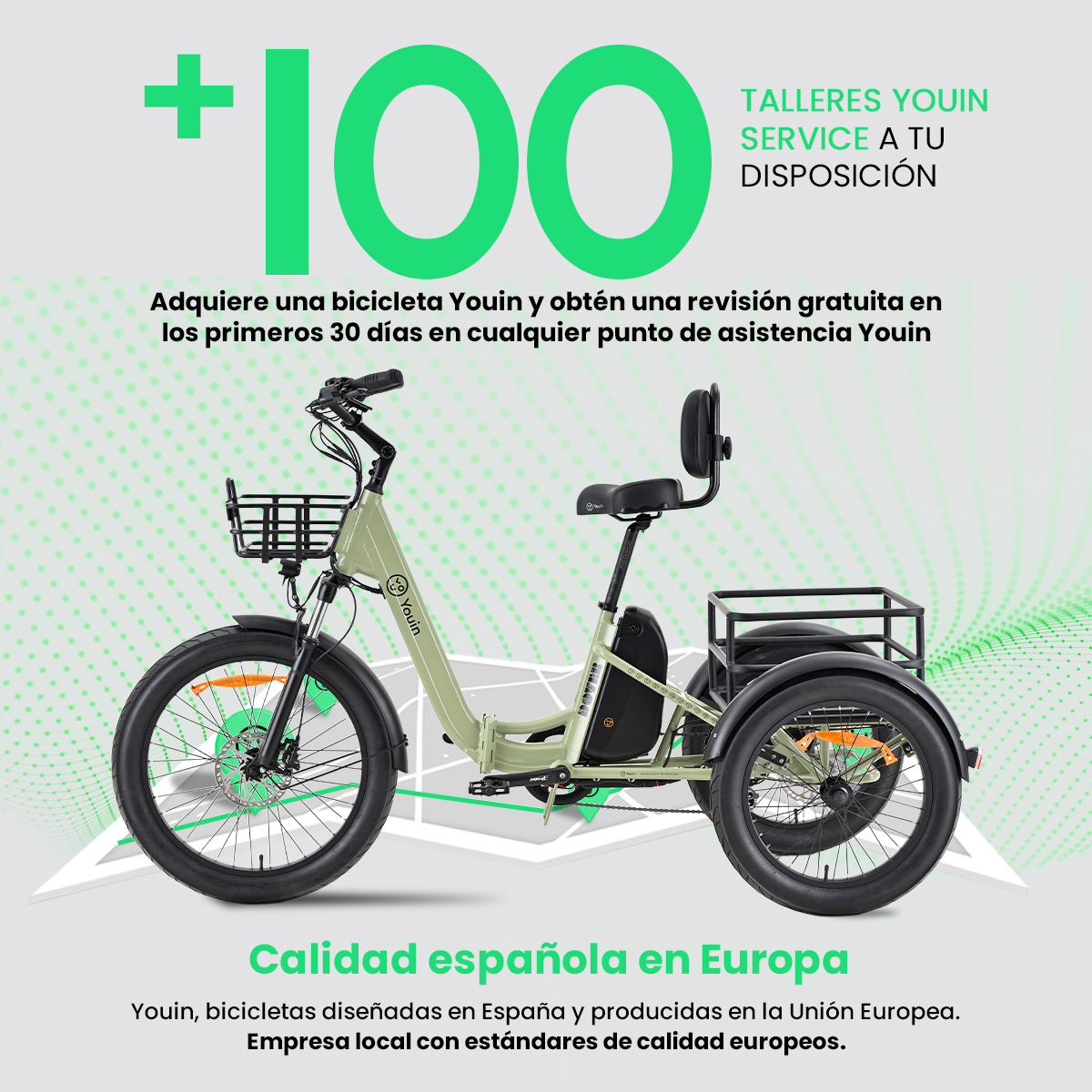 Un anuncio de bicicletas Youin. Presenta un triciclo verde con las palabras 'Calidad española en Europa' y 'Youin Service'.