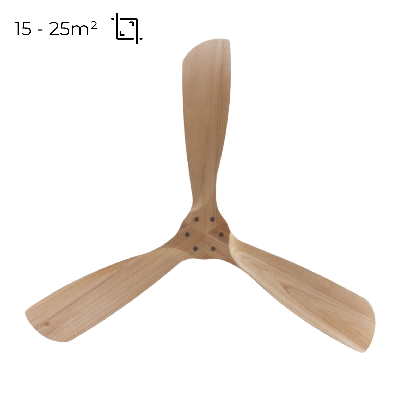 Un ventilador de techo de madera con tres aspas. El ventilador es marrón claro sobre un fondo blanco. Texto: 15-25m².