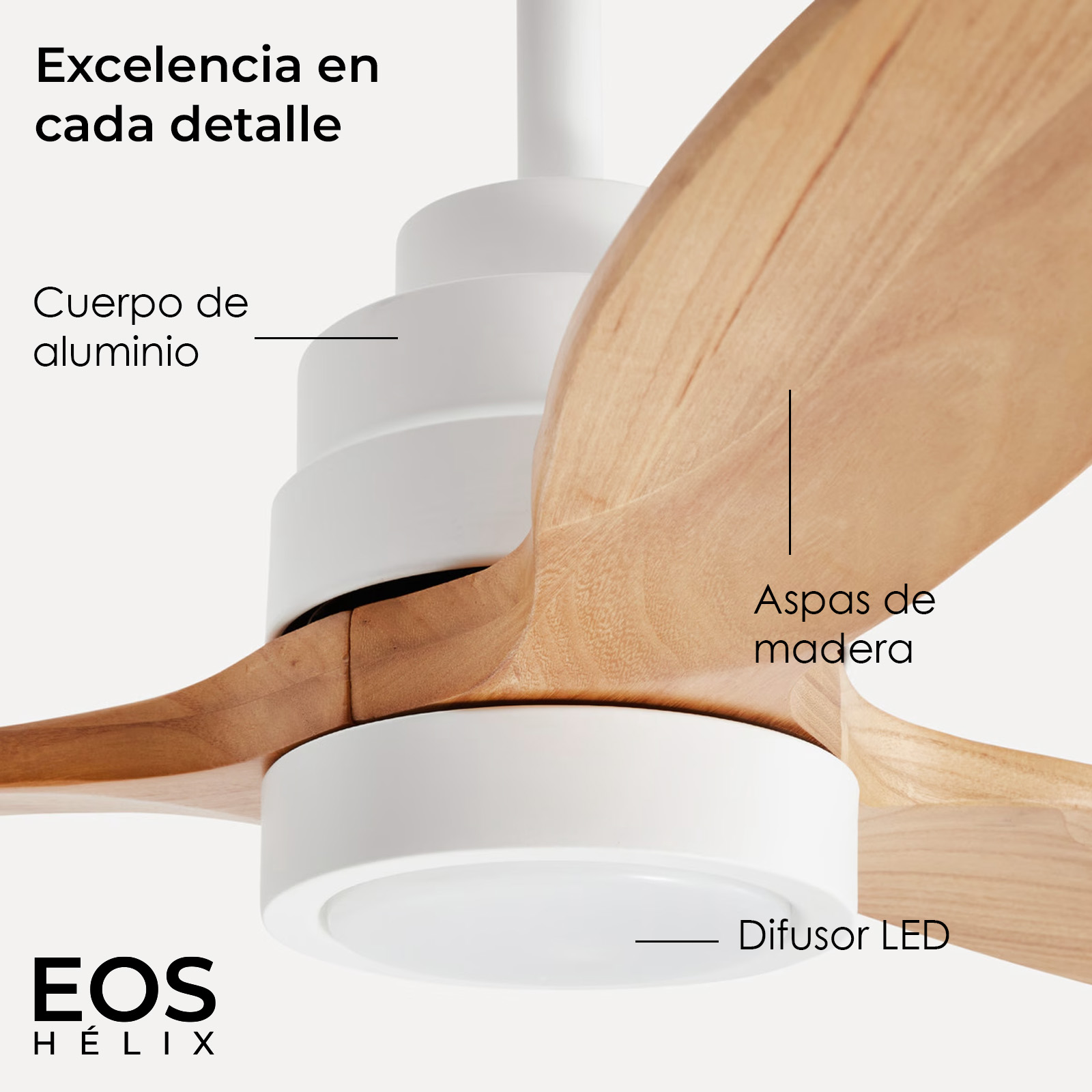 Primer plano de un ventilador de techo con aspas de madera y cuerpo blanco. El ventilador tiene un difusor LED. El texto dice 'Excelencia en detalle'.