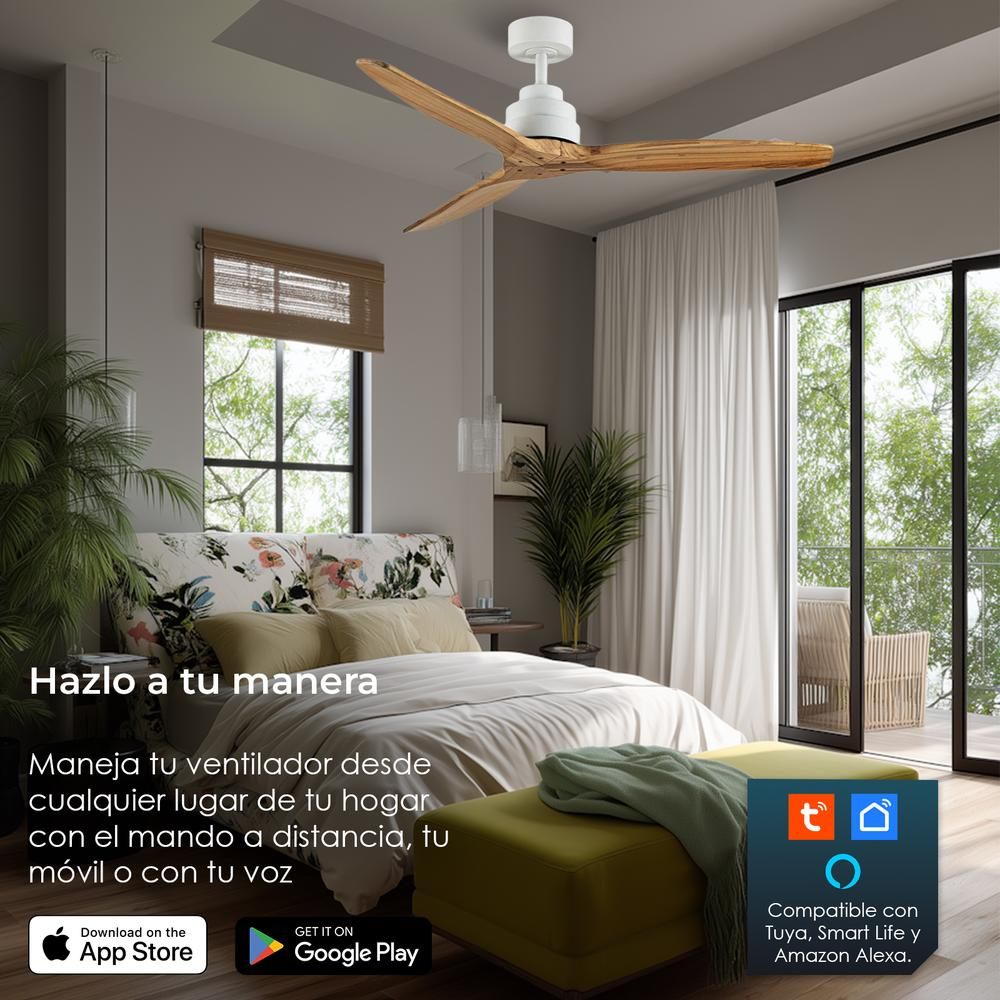 Escena de dormitorio con ventilador de techo. Cama con cabecero floral, otomana verde, ventana con persianas e iconos de aplicaciones.