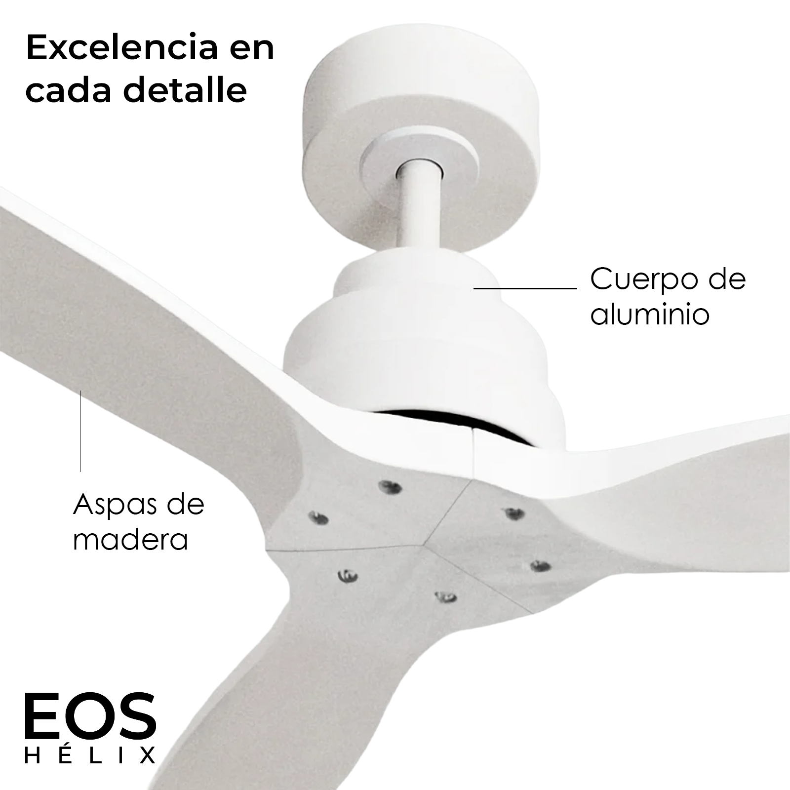 Primer plano de un ventilador de techo blanco con aspas de madera y cuerpo de aluminio, con la marca 'EOS HELIX'.