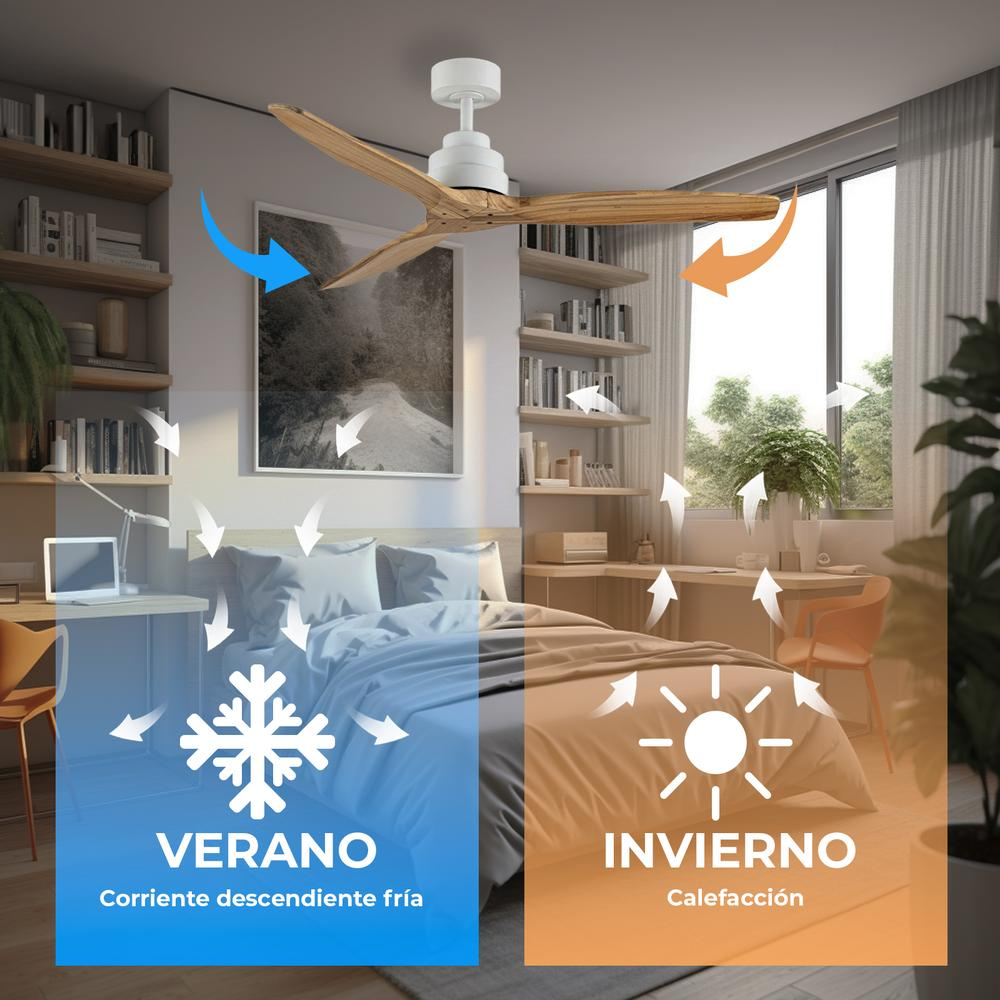 Escena de dormitorio con ventilador de techo. La imagen se divide: verano (aire frío) e invierno (calefacción). Texto en español explica función.