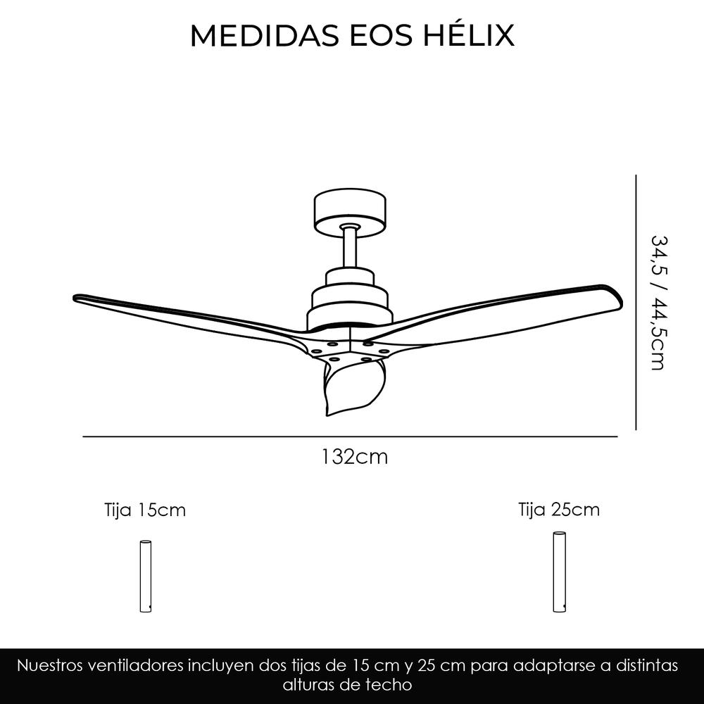 Diagrama de ventilador de techo con medidas. Muestra dimensiones, incluyendo envergadura y alturas, con texto en español.