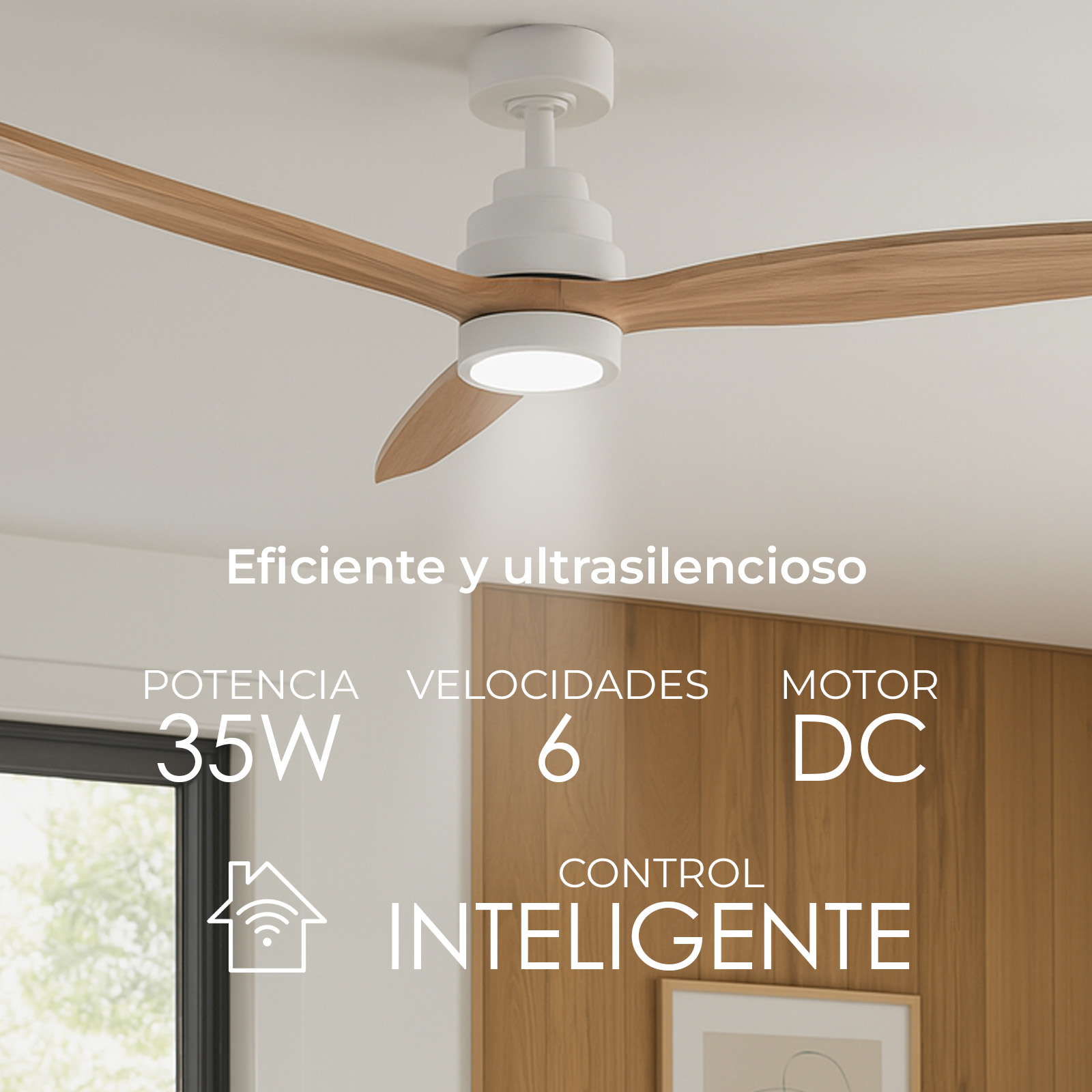 Se muestra un ventilador de techo blanco con aspas de madera. El texto indica 35W de potencia, 6 velocidades y un motor DC. Es eficiente y silencioso.