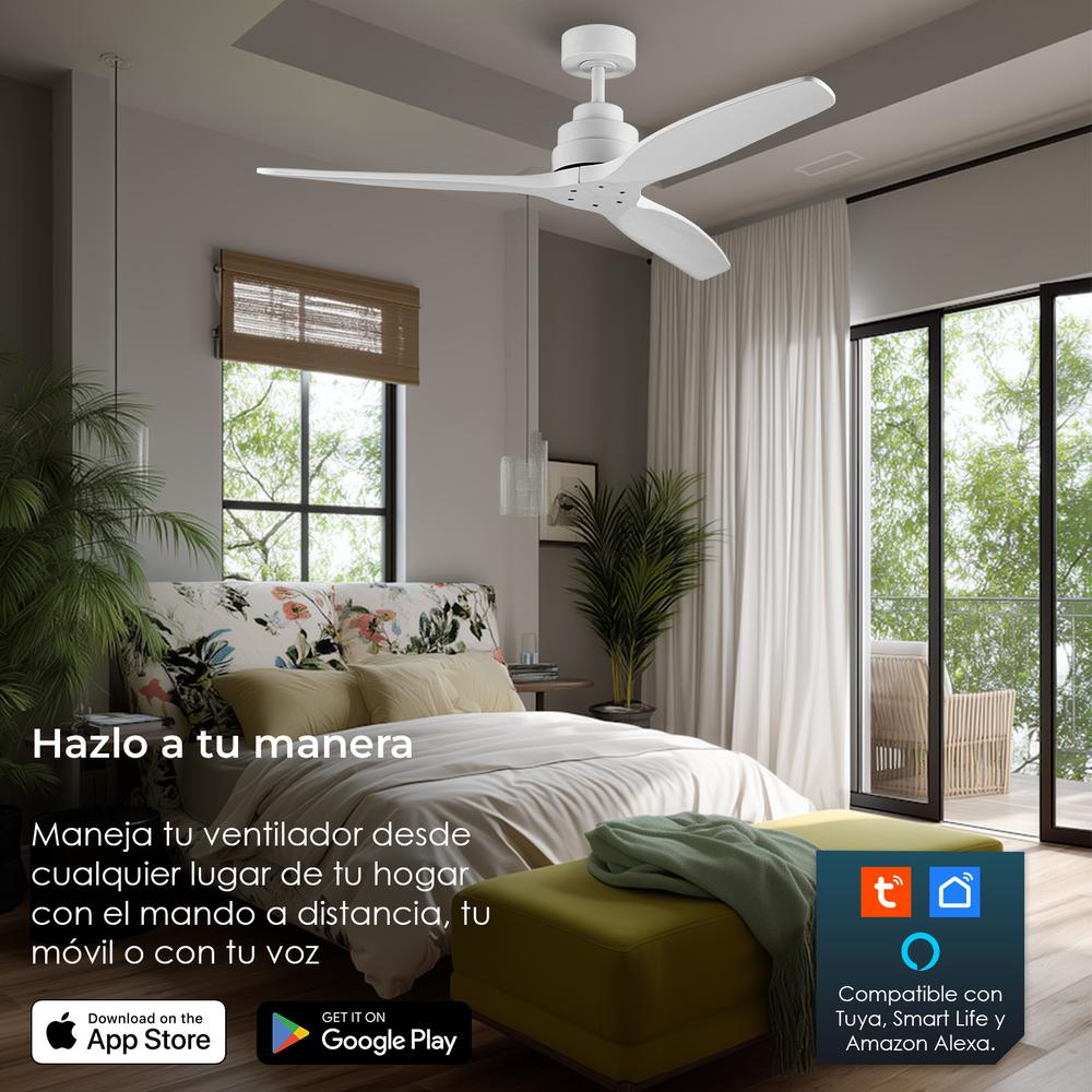Un dormitorio con ventilador de techo blanco, cama y ventana con vista a un balcón. Texto en la imagen: 'Hazlo a tu manera'.