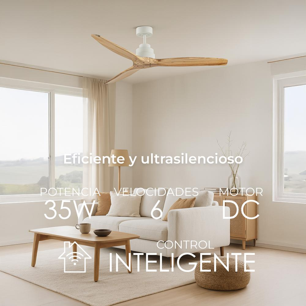Salón moderno con ventilador de techo blanco. Sofá blanco, mesa de madera y alfombra. El texto describe las características del ventilador.