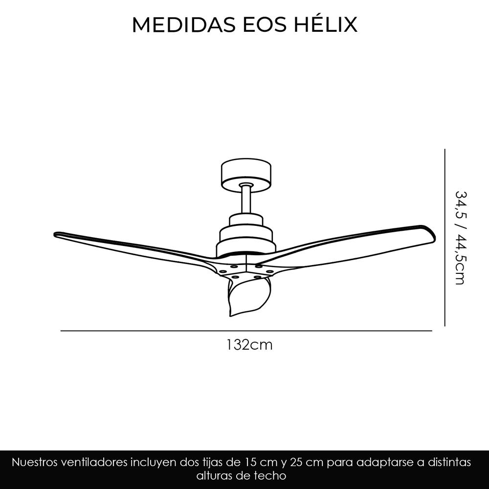 Diagrama de ventilador de techo con dimensiones. Muestra un ventilador con tres aspas, un motor central y una medida de 132cm.