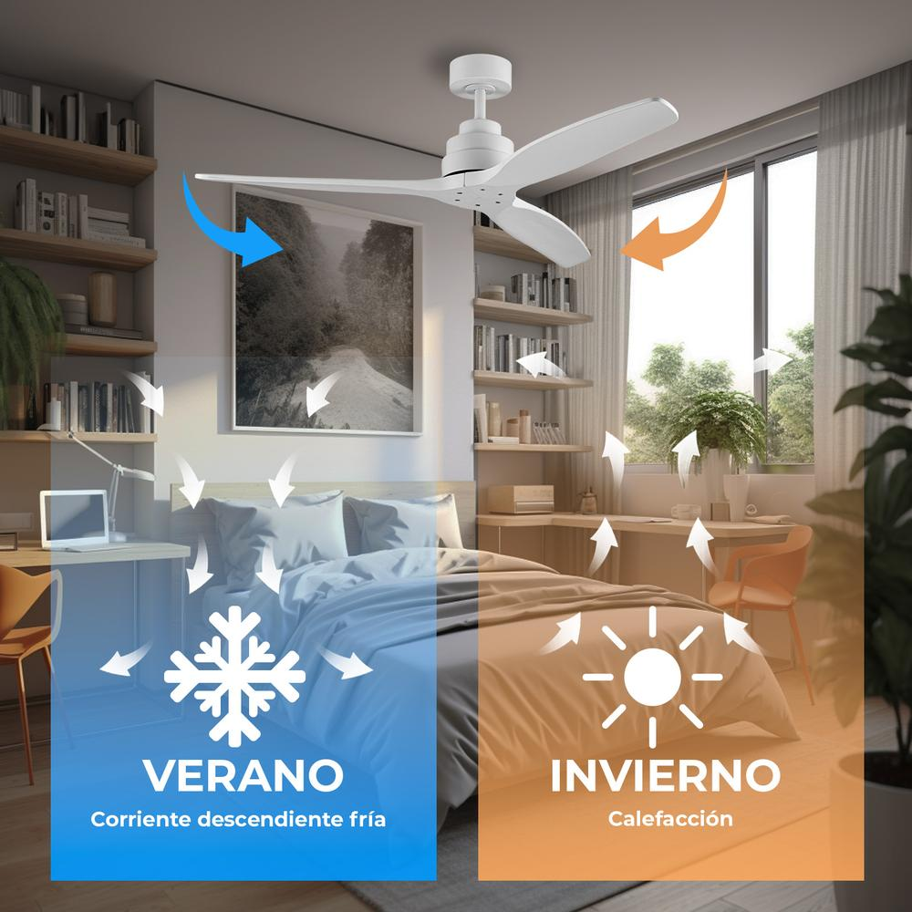 Escena de dormitorio con ventilador de techo e ilustraciones de temperatura. Verano: aire frío. Invierno: calefacción. Flechas indican flujo de aire.