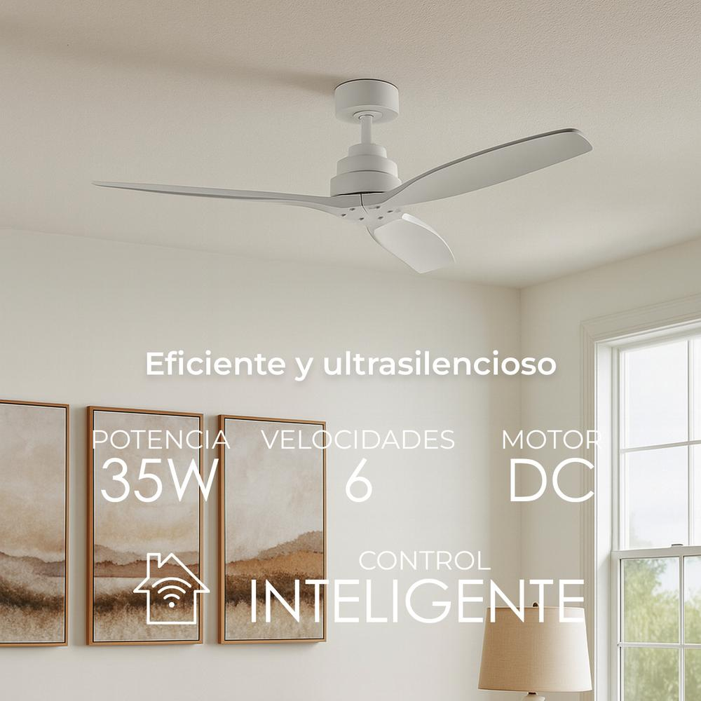 Un ventilador de techo blanco con tres aspas está centrado. El texto debajo describe las características: potencia 35W, 6 velocidades, motor DC y control inteligente.