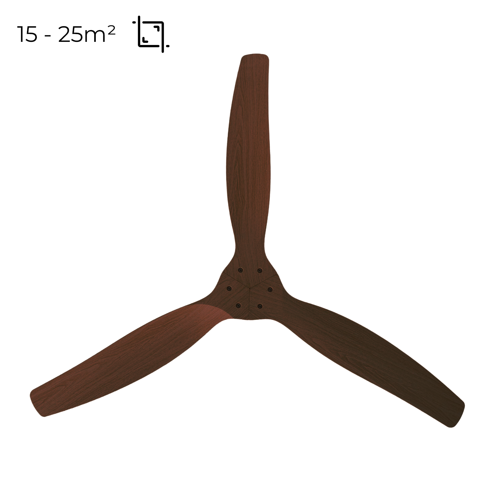 Un ventilador de techo con tres aspas de madera, marrón, sobre un fondo blanco. Las aspas están extendidas.