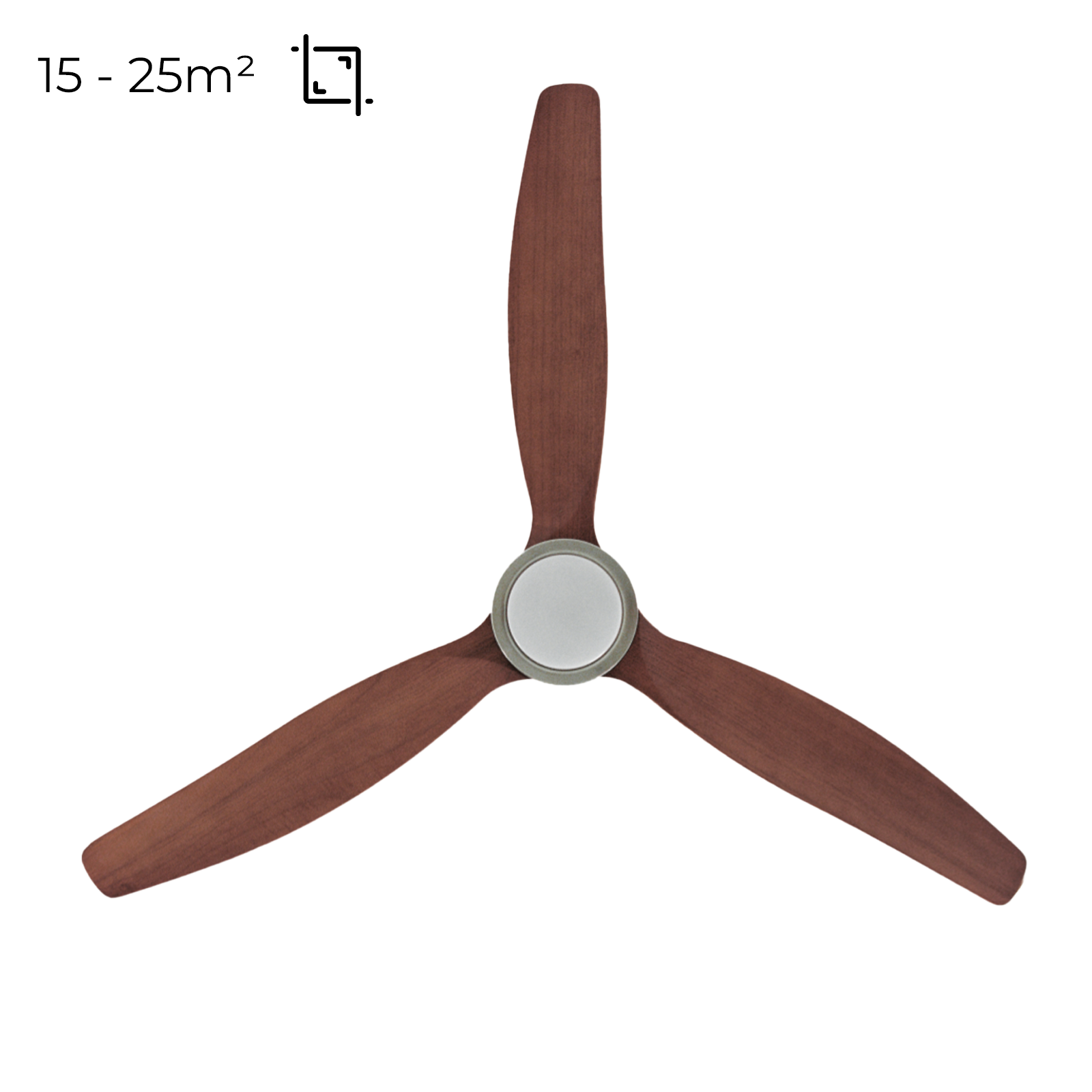 Un ventilador de techo con tres aspas de madera marrón. El centro es un círculo plateado y blanco. Fondo blanco.
