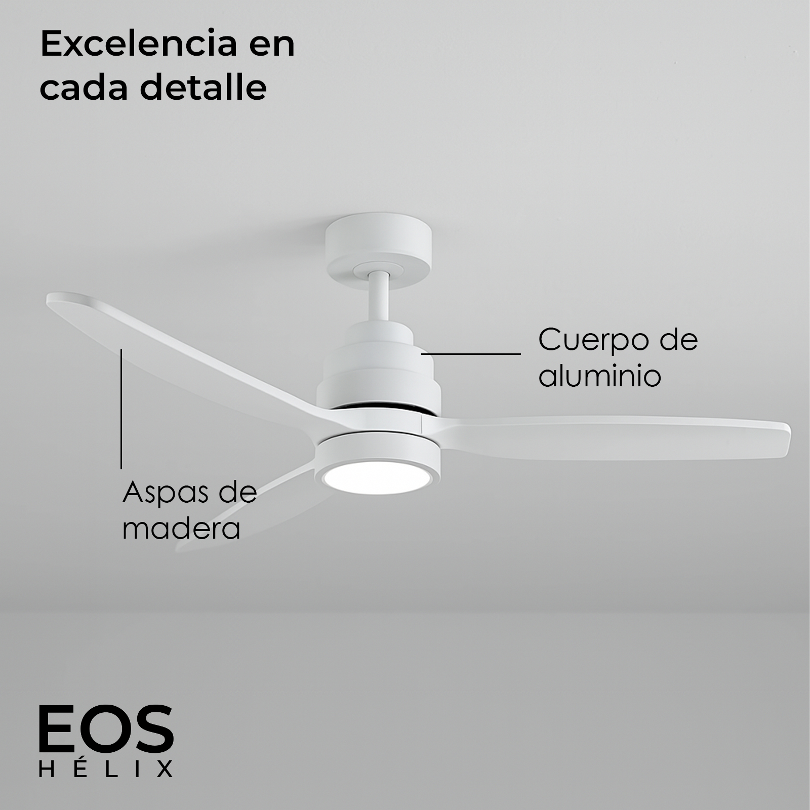 Ventilador de techo blanco con tres aspas. El texto indica aspas de madera y cuerpo de aluminio. La marca es EOS HELIX.