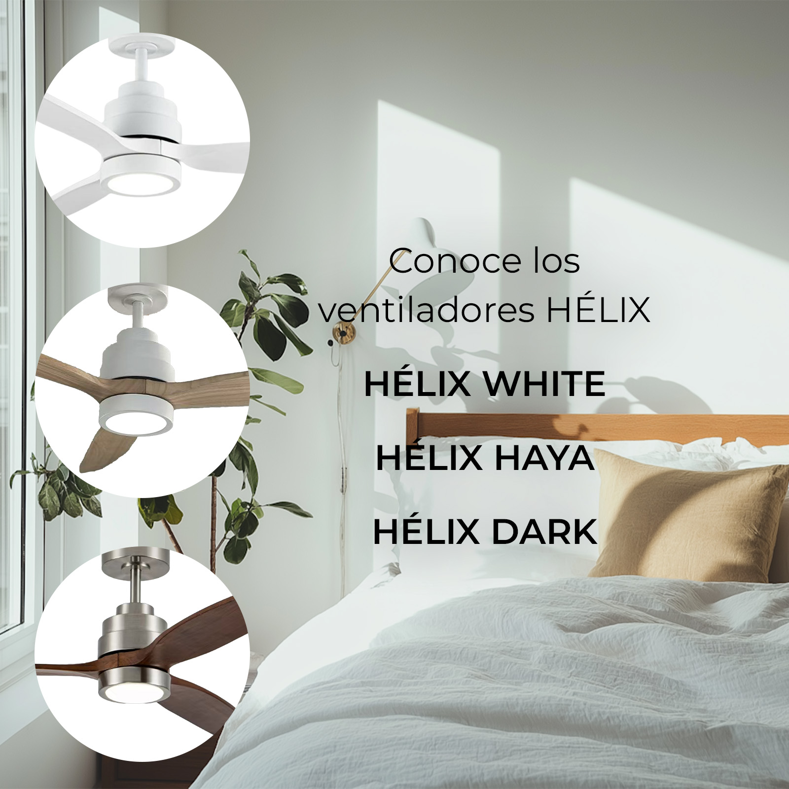 La imagen muestra tres ventiladores de techo: blanco, madera clara y oscura. El texto dice: HÉLIX WHITE, HAYA, DARK.