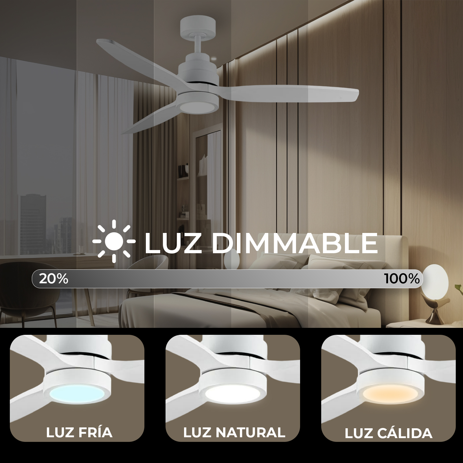 Un ventilador de techo blanco con opciones de luz. Muestra luz regulable del 20% al 100%, y tres tonos de luz: fría, natural y cálida.